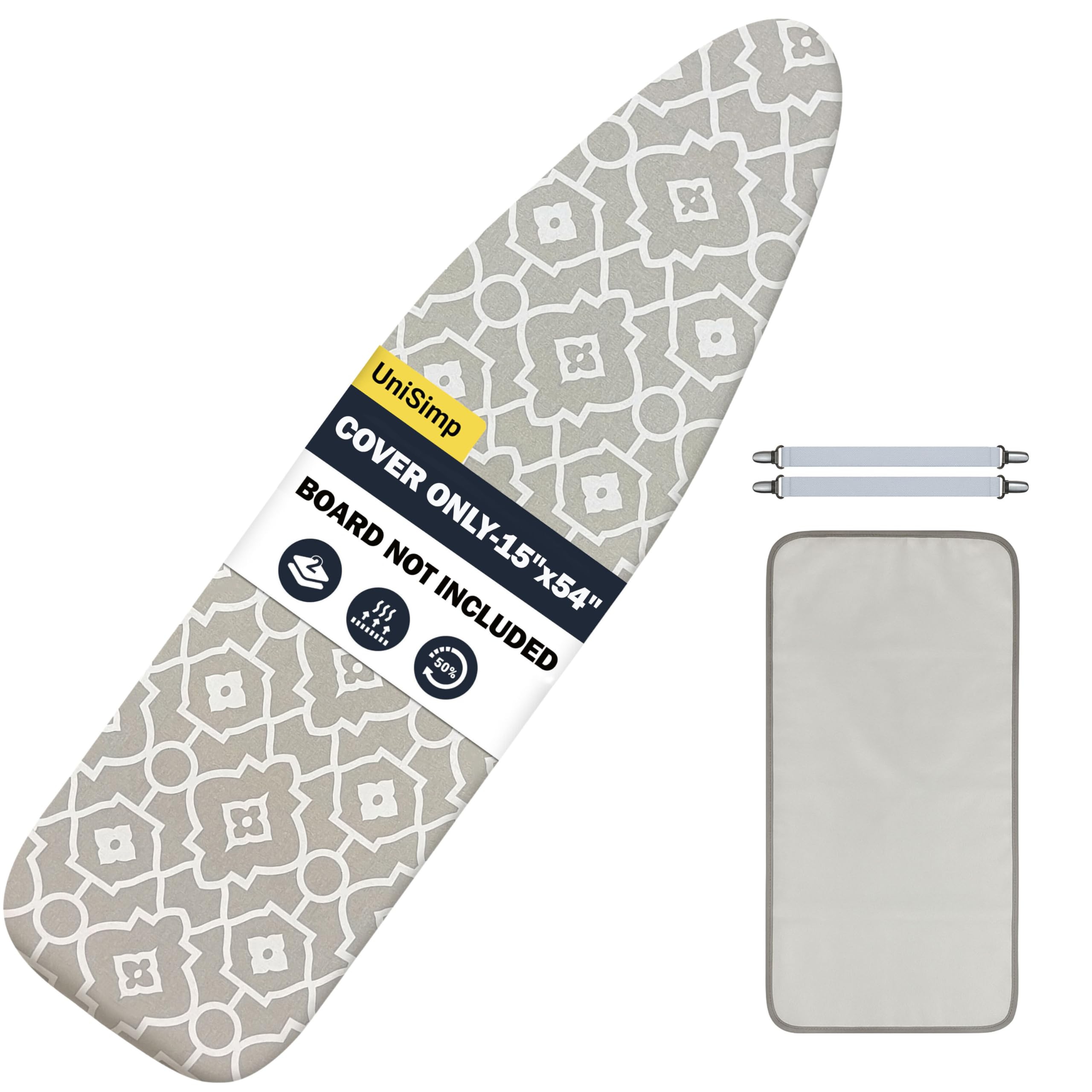 UniSimp Ironing Board Cover and Pad 15X54“ - Extra Thick Natural Cotton, Scorch & Stain-Resistant Padding, Standard Size Iron Board Cover with Metal Fasteners Heavy Duty Elastic Edge, Heatproof