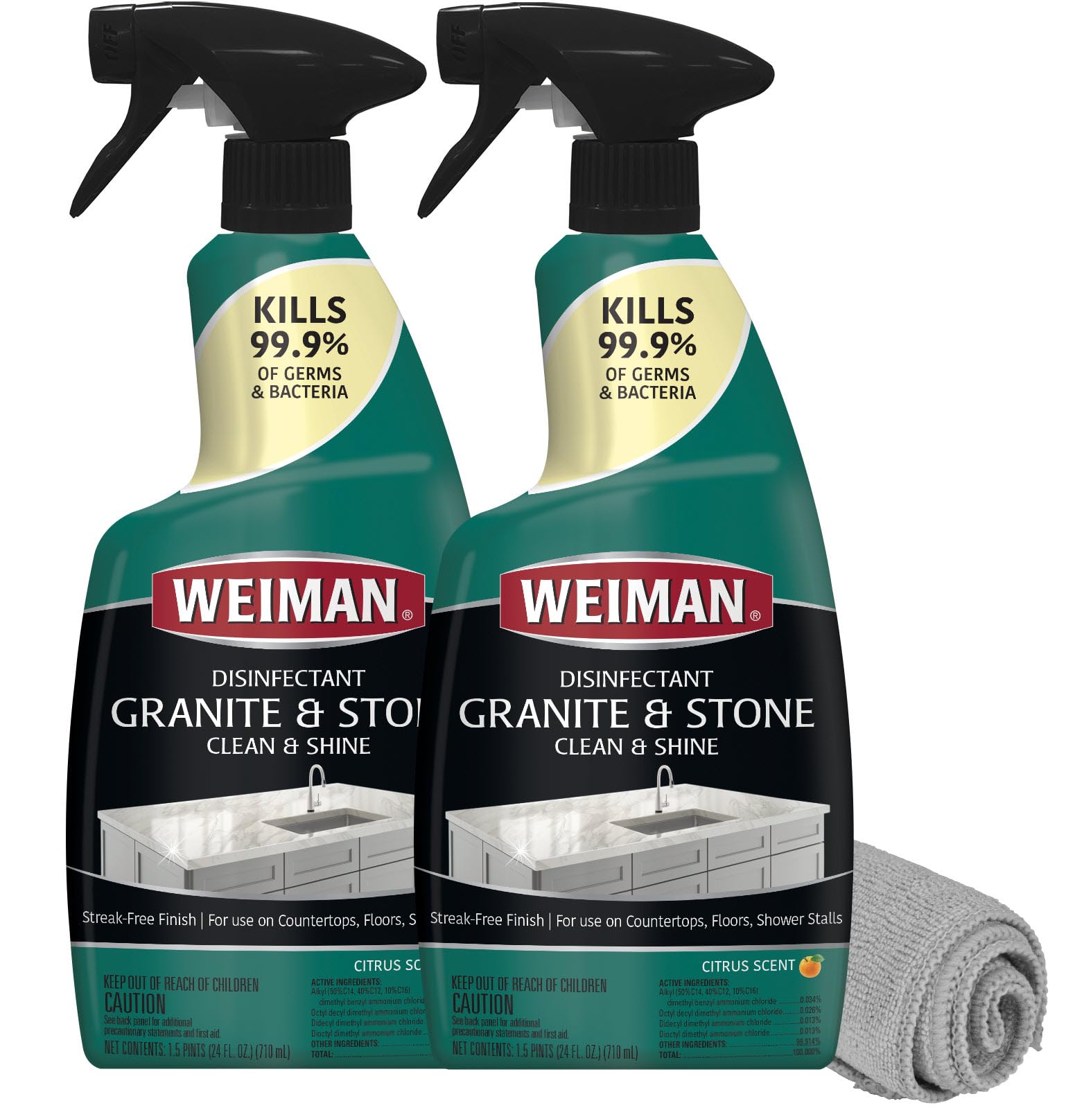 Weiman Disinfectant Granite Daily Clean & Shine (2 Pack with Polishing Cloth) Safely Clean Disinfect and Shine Granite Marble Soapstone Quartz Quartzite Slate Limestone Corian Laminate Tile Countertop
