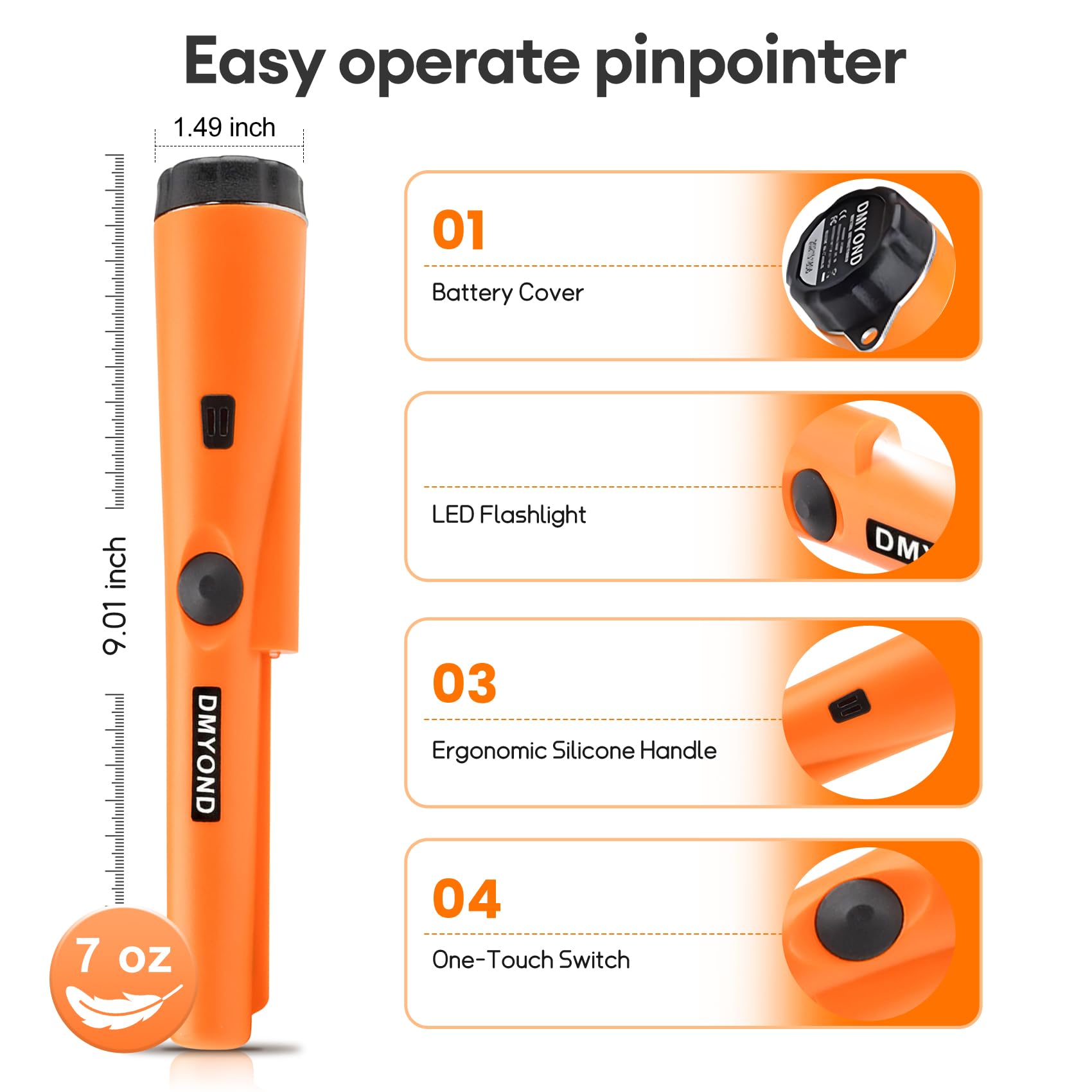 Dmyond Metal Detector Pinpointer, Professional Waterproof Handheld Pin Pointer Wand, Search Treasure Pinpointing Finder Probe with 9V Battery for Adults, Kids - Orange
