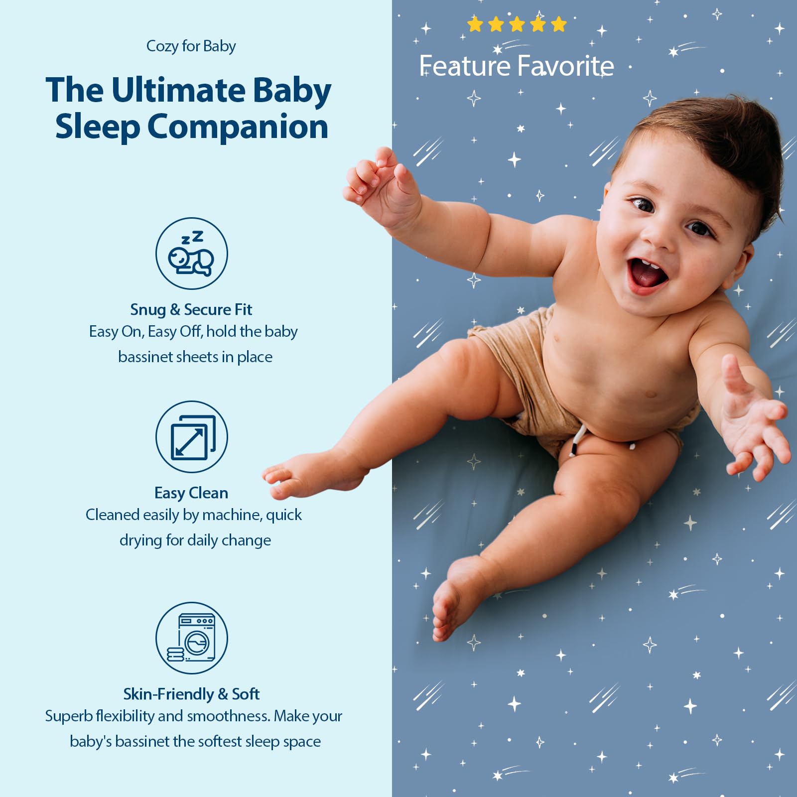 Unnivoll Baby Bassinet Sheets Girl Boy, Fitted Bassinet Sheet Set 3 Pack Bassinet Mattress Sheets Universal Fit for Rectangle, Round, Oval, Hourglass Mattress, Soft Breathable Blue Gray Planet