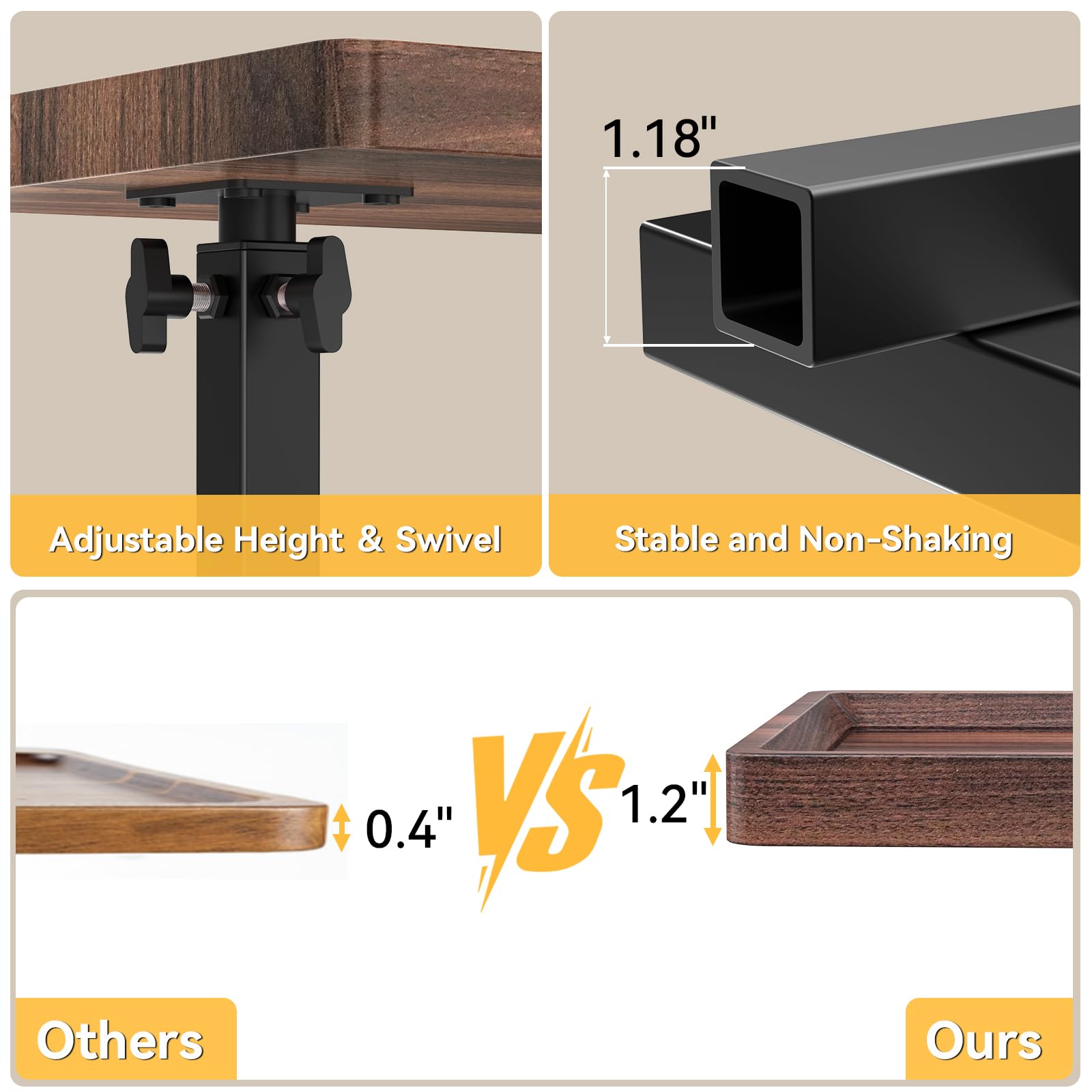 C Table End Table Adjustable Height, 360°Swivel TV Tray Table for Small Spaces, Couch Tables That slide under, C Shaped Side Tables living room and bedroom for Sofa, Bed,Chair, Snack (Walnut Brown)