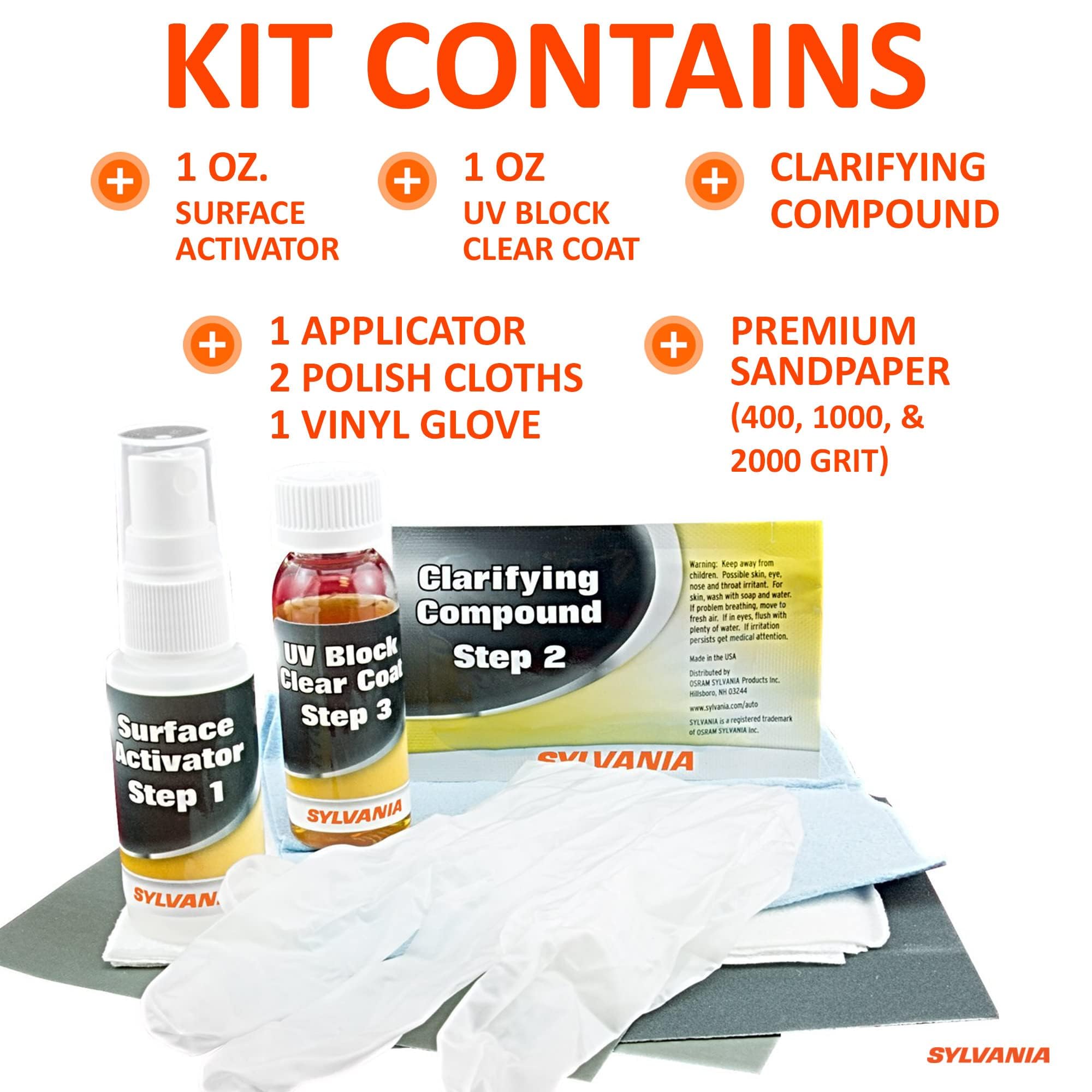 SYLVANIA Headlight Restoration Kit - Long-Lasting Headlight Repair Kit for Restoring to Like-New Condition - Surface Activator, Exclusive UV Coating, Clarifying Compound & More - No Tools Required