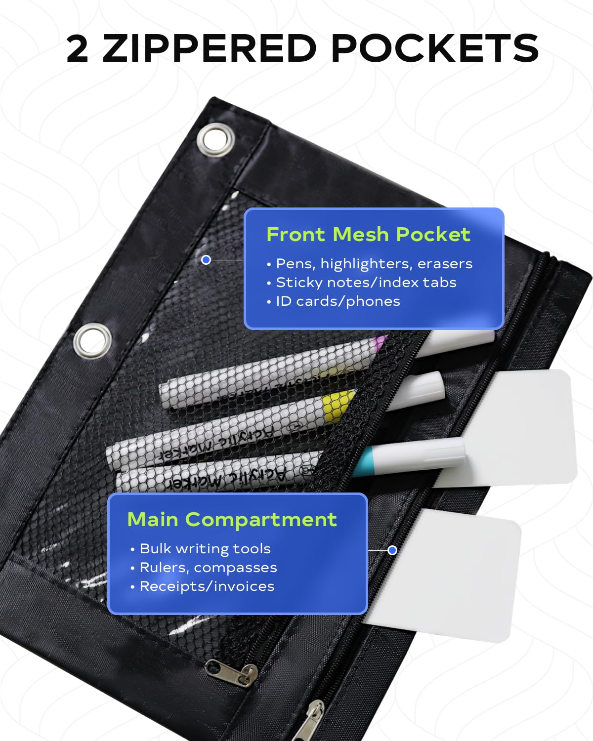 INNOIO 3 Ring Binder Pencil Pouch - School Pencil Case with 2 Zippered Pockets, Clear Mesh Window Pencil Bag, B5 Size, Back to School Gifts (Black)
