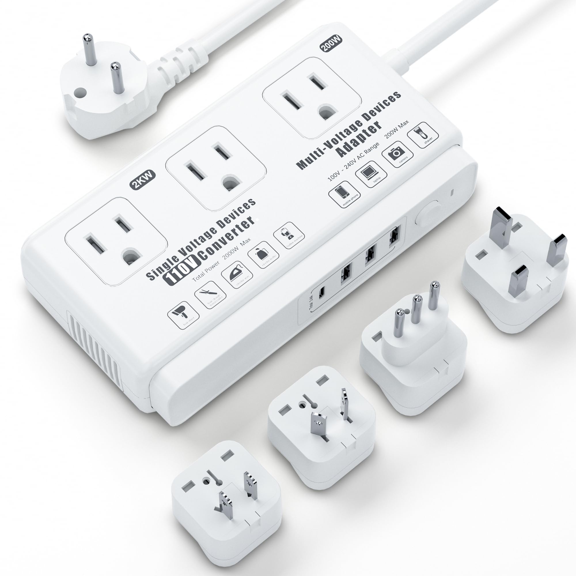 220v to 110v Travel Voltage Converter: International Universal Voltage Converter US to Europe Power Strip Plug Transformer - 2000W Electric Hair Dryer Step Down Outlet Converters for European UK EU