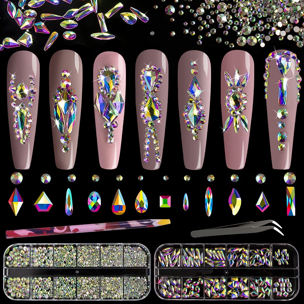 Multi Shapes 3D Glas AB Kristall Nagelkunst Strasssteine Set mit flacher runder Perlenanhänger Edelstein Schmuck Diamant mit Aufnahmestift + Pinzette für Maniküre Basteldekor von BELLEBOOST (Irisierend)