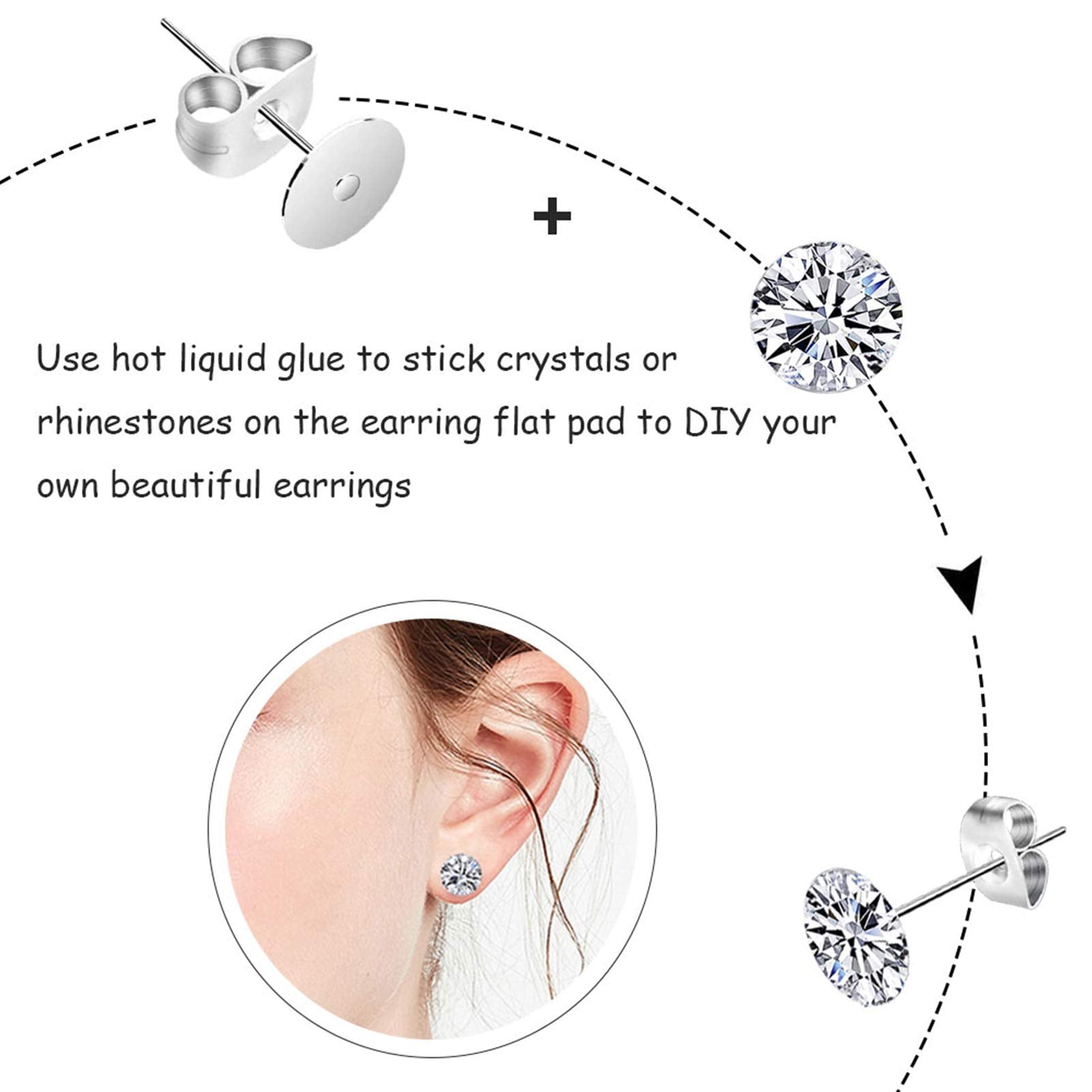 450PCS Earring Posts Stainless Steel Flat Pad,Hypoallergenic Stud Earrings with Butterfly and Rubber Bullet Earring Backs for Jewelry DIY Making Findings (Silver) (Silver)