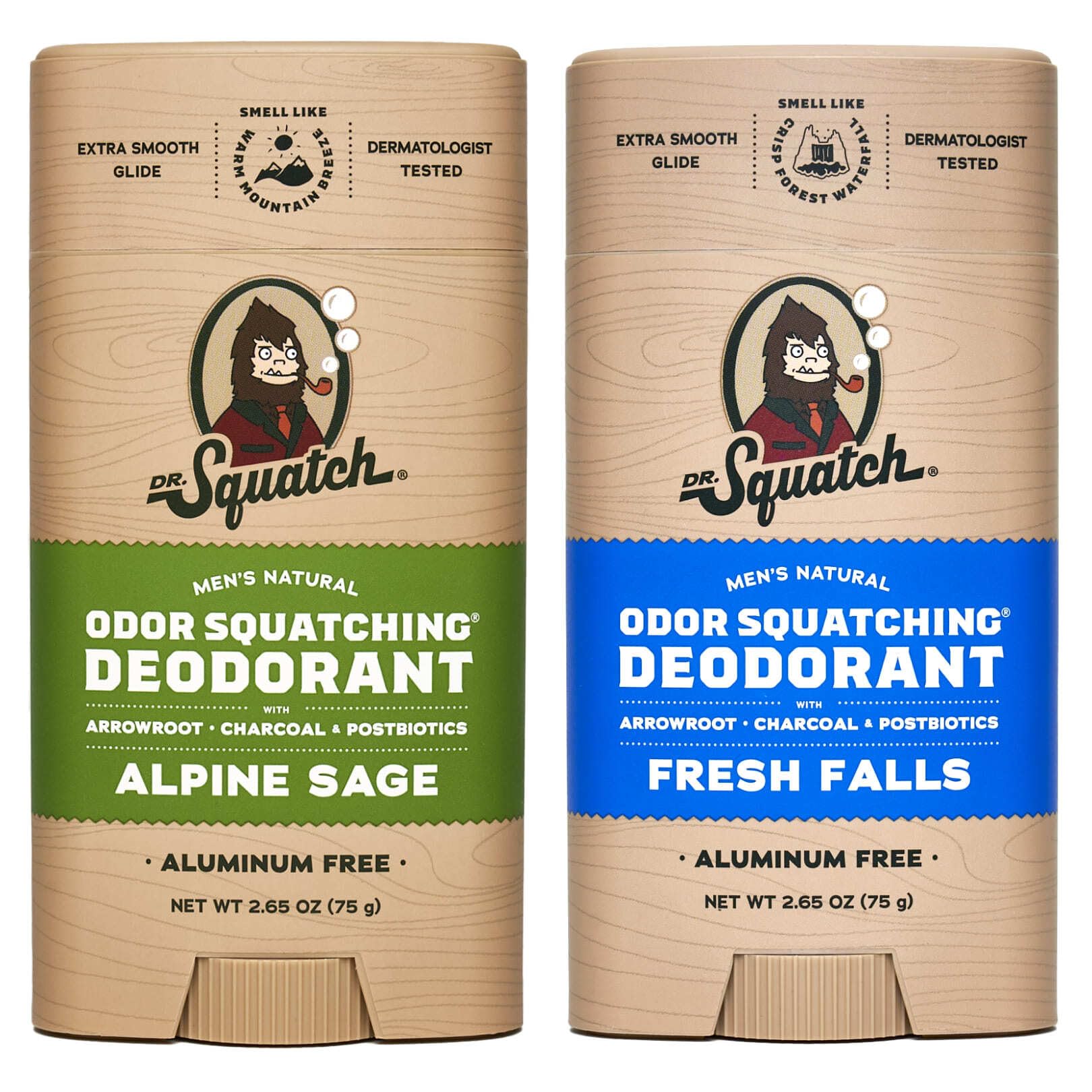 Dr. Squatch Natural Deodorant for Men - Odor-Squatching Aluminum Free - Alpine Sage & Fresh Falls (2.65 oz, 2-Pack)