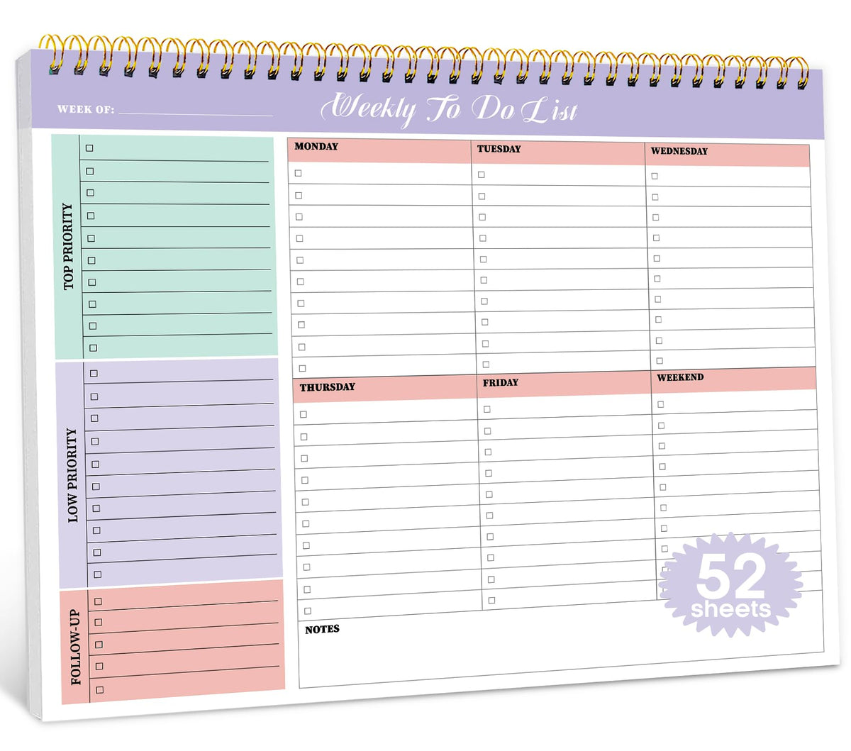 Wochen-To-Do-Listen-Notizblock mit 52 undatierten Blättern (21,6 cm x 27,9 cm) – Wochen-Schreibtischplaner für Frauen und Männer, Arbeit und Zuhause – Violet Dream