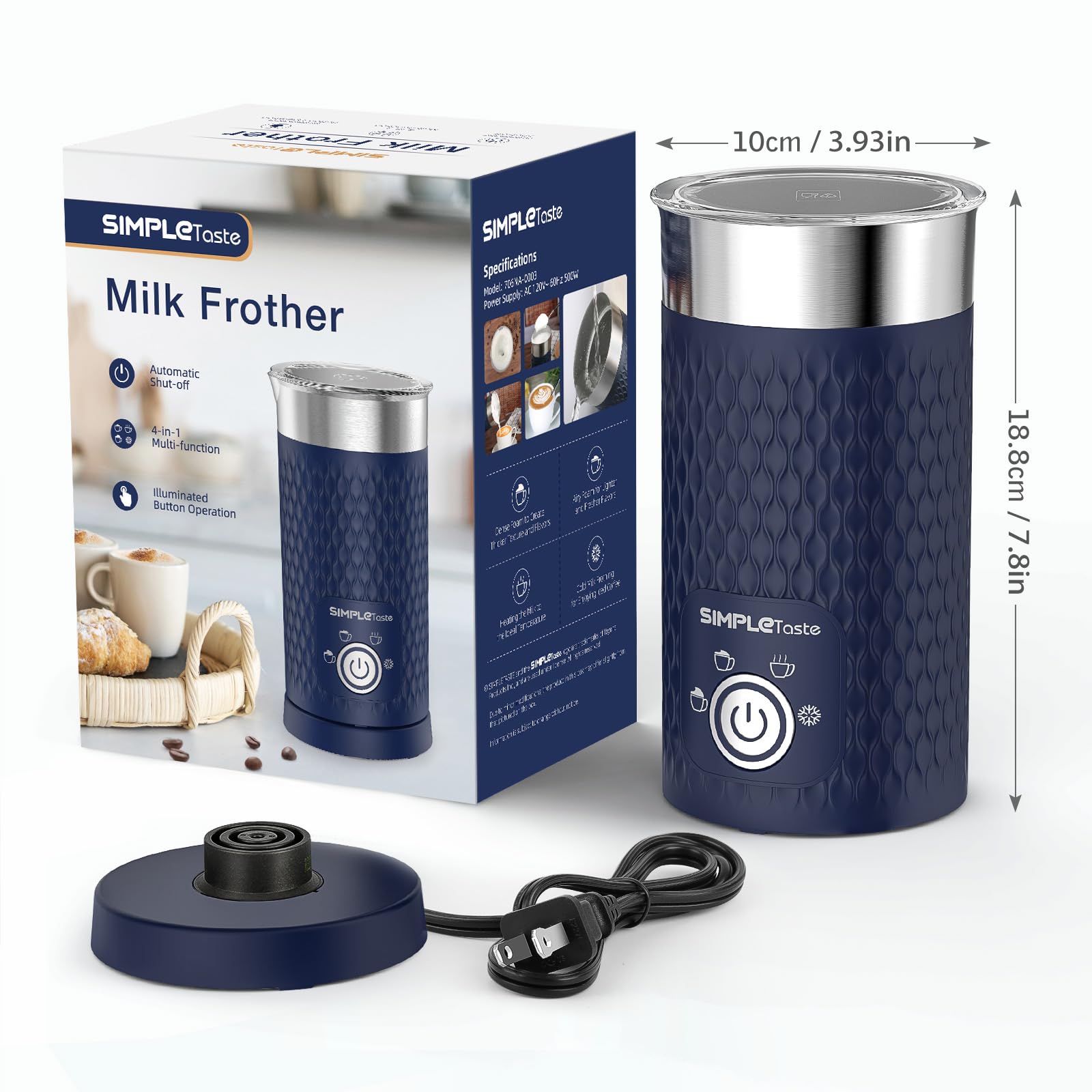 SIMPLETASTE Milk Frother, 4-in-1 Electric Milk Steamer, Automatic Warm and Cold Foam Maker and Milk Warmer for Latte, Cappuccinos, Macchiato