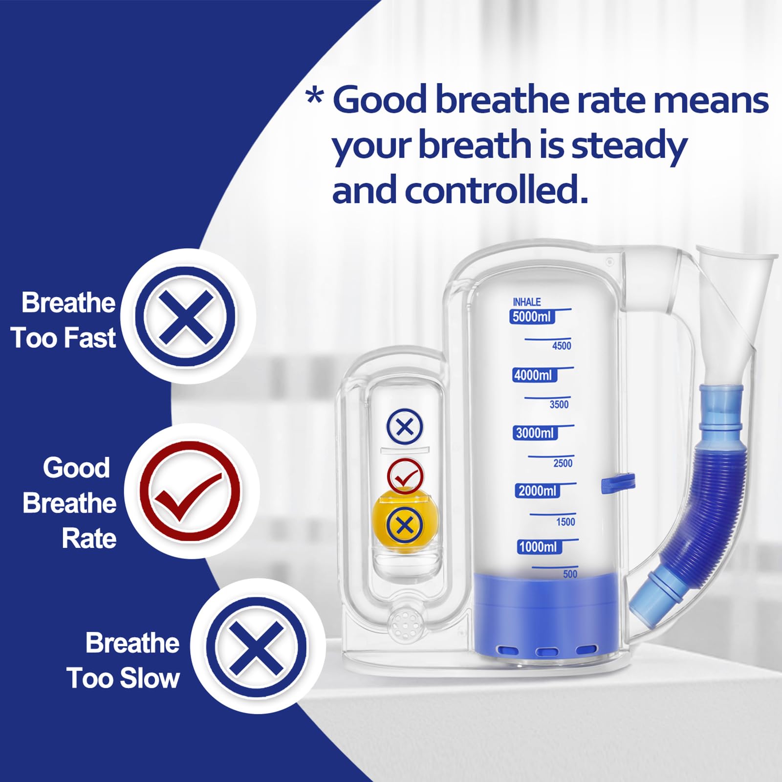 Incentive Spirometer Adult, Breathing Exercise Device for Lungs, Deep Breathing Trainer for Adults - 5000ml Volume Measurement with Flow Rate Indicator
