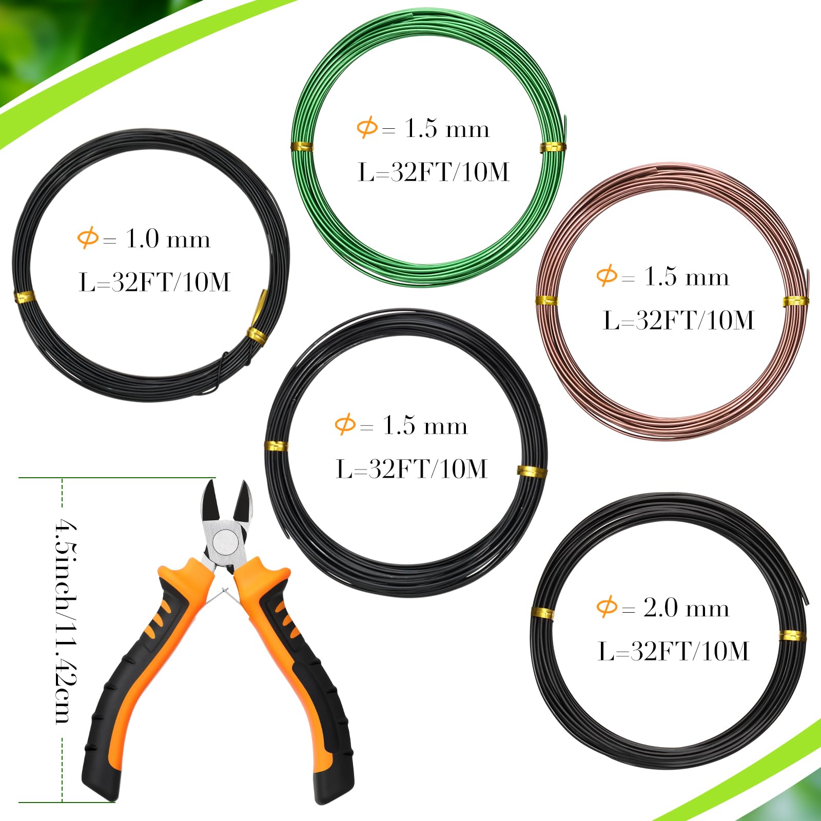 5 Roll Aluminum Bonsai Training Wire & Cutter Set - 160 Feet Total with Adjustable Anodized Wire 1/1.5/2.0 mm for Fine Trunk & Branch Control