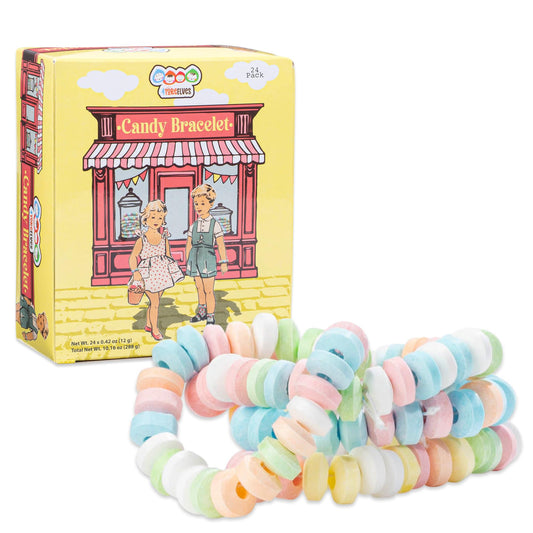 24 Candy Bracelets Individually Wrapped, Stretchable Vintage Candy Jewelry for Kids, The Perfect Pastel Addition to your Candy Buffet, Princess-Themed Party or Goody Bags, by 4YoreElves, Pack of 24x0.42oz