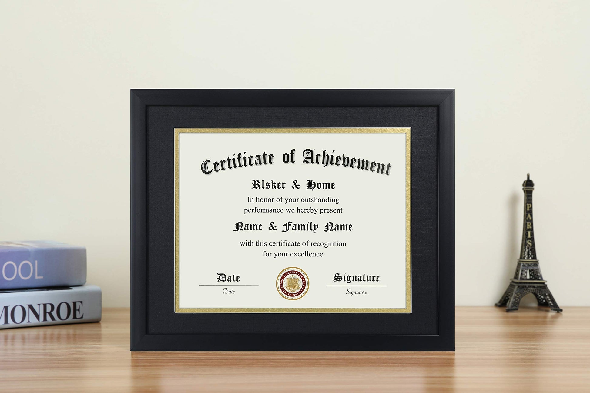 ELSKER&HOME 8.5x11 Certificate Frame - Classic Black Color Frame - Displays Diploma 8.5x11 Inch with Mat - 11x14 Inch Without Mat - For Document/Photo(Double Mat - Matte Black with Gold Rim)