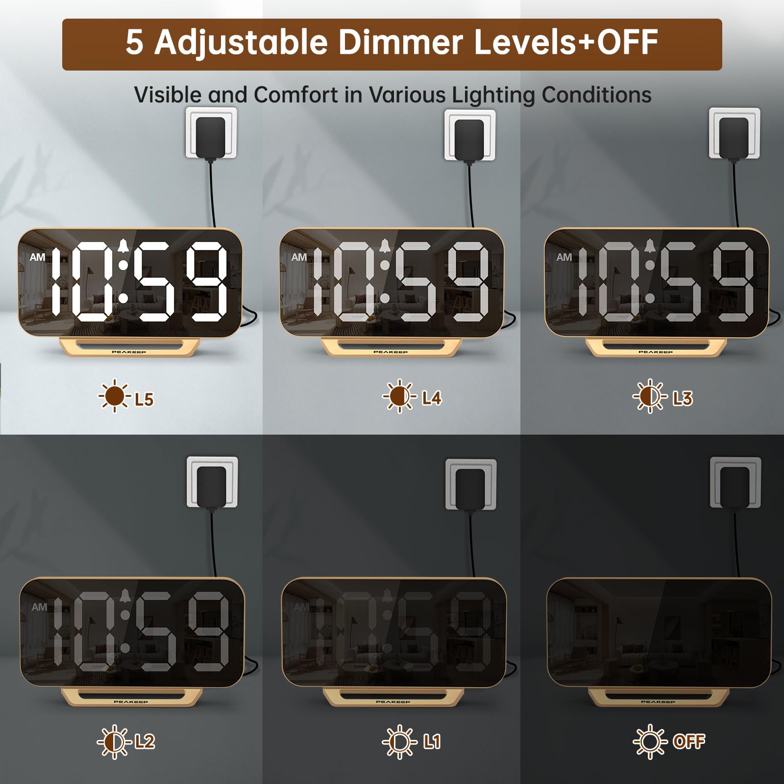 Peakeep Slim Digital Mirror Aesthetic Alarm Clock for Bedrooms Desk Decor - Plug in Electric Big LED Modern Small Clock for Office Living Room, Battery Backup, 6 Dimmers (Gold)