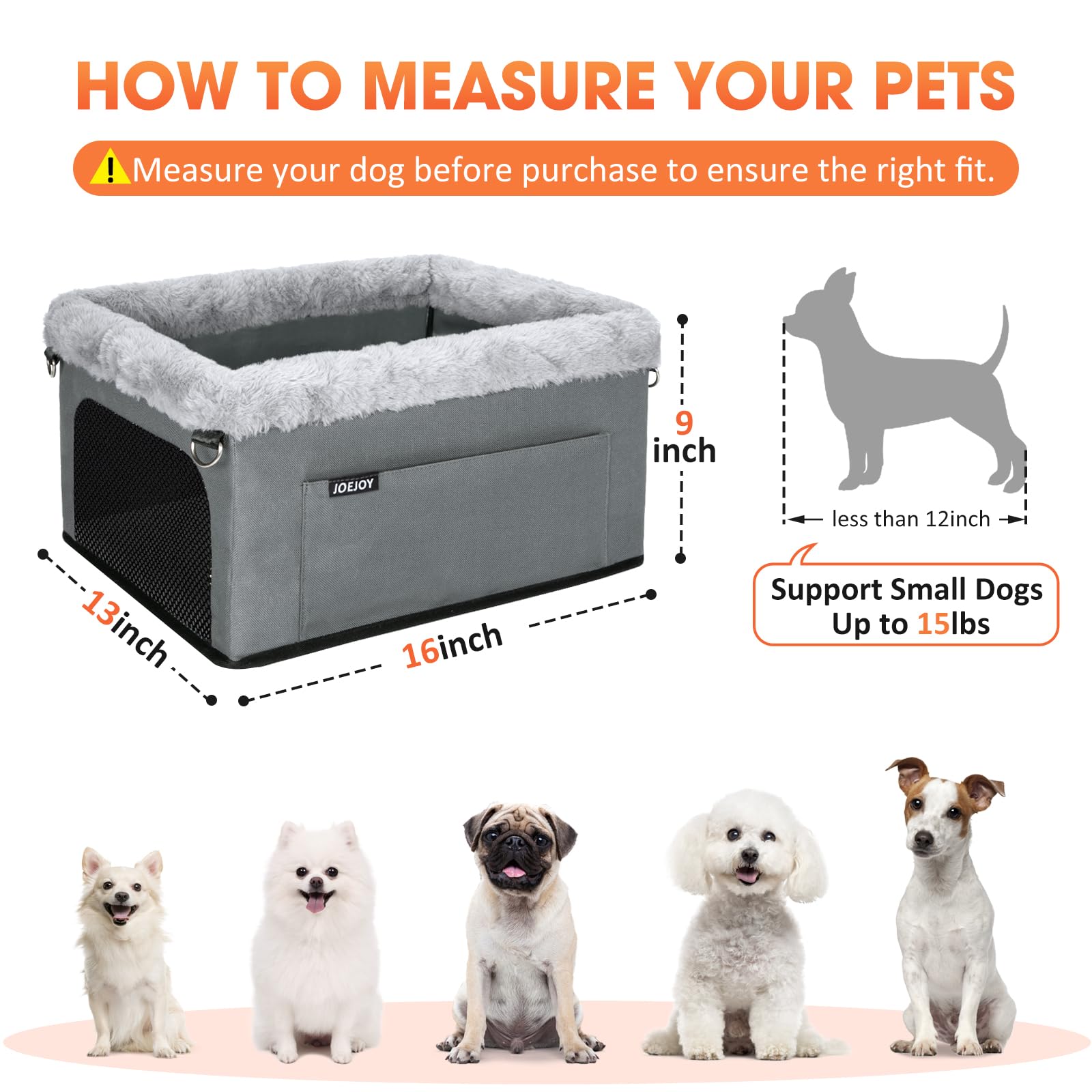 JOEJOY Deluxe Dog Booster Seat with Sturdy Metal Frame and Safety Leash for Small Pets up to 20 lbs - Portable Puppy Dog Car Seat with Thick Cushion and Storage Pockets for Small Dogs