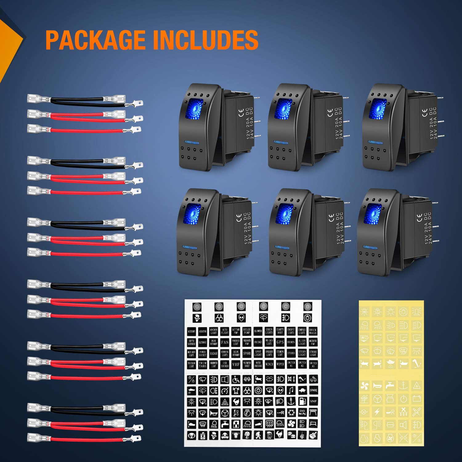 Nilight 6PCS 5PIN SPST Rocker Switches with 6 Sets Jumper Wires Set 20A/12V 10A/24V On/Off Toggle Switches with Night Glow Sticker for Trucks Boats Auto Motorcycles,2 Years Warranty (90131F) , Blue