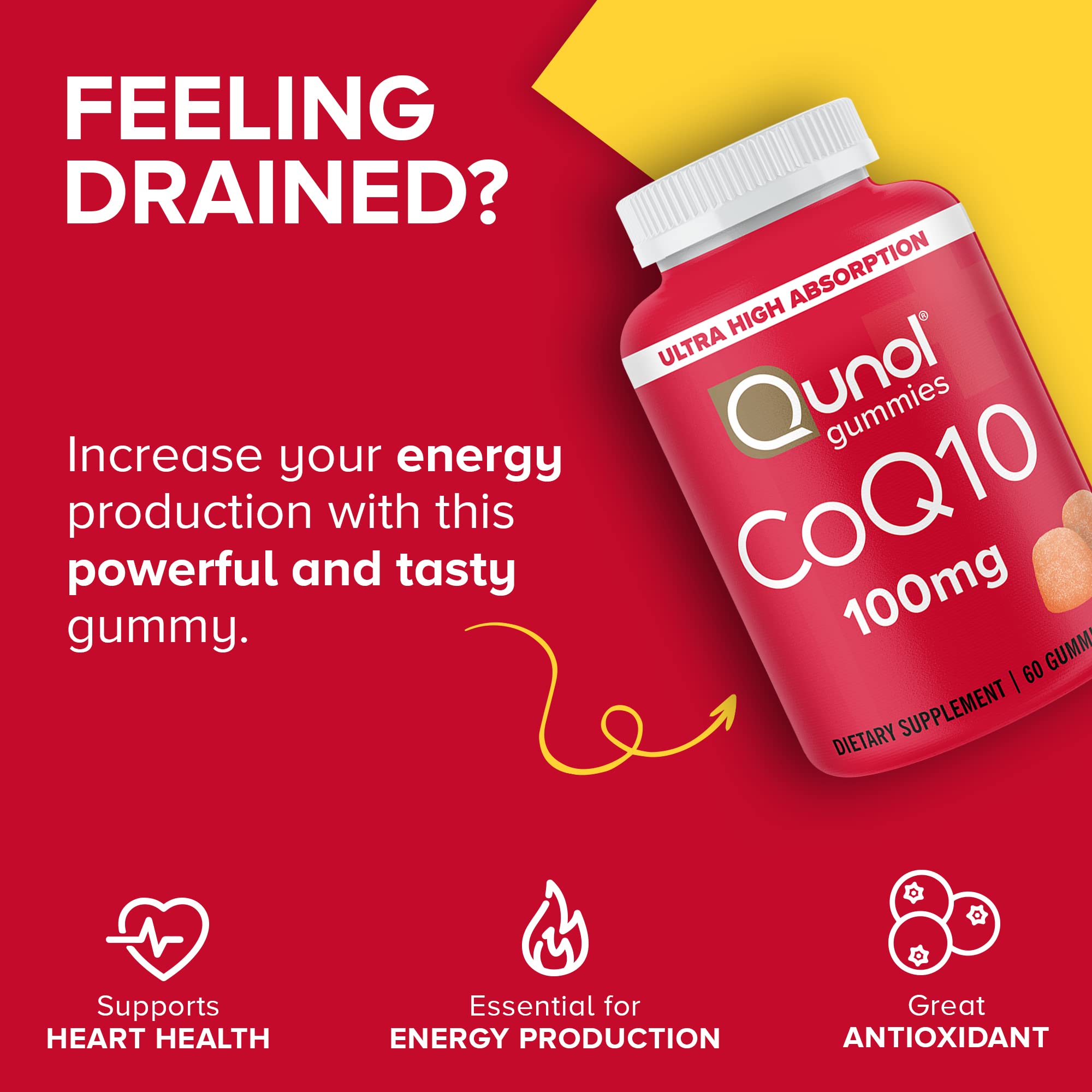 Qunol CoQ10 Gummies, CoQ10 100mg, Delicious Gummy Supplements, Helps Support Heart Health, Vegan, Gluten Free, Ultra High Absorption, 2 Month Supply (60 Count, Pack of 2)