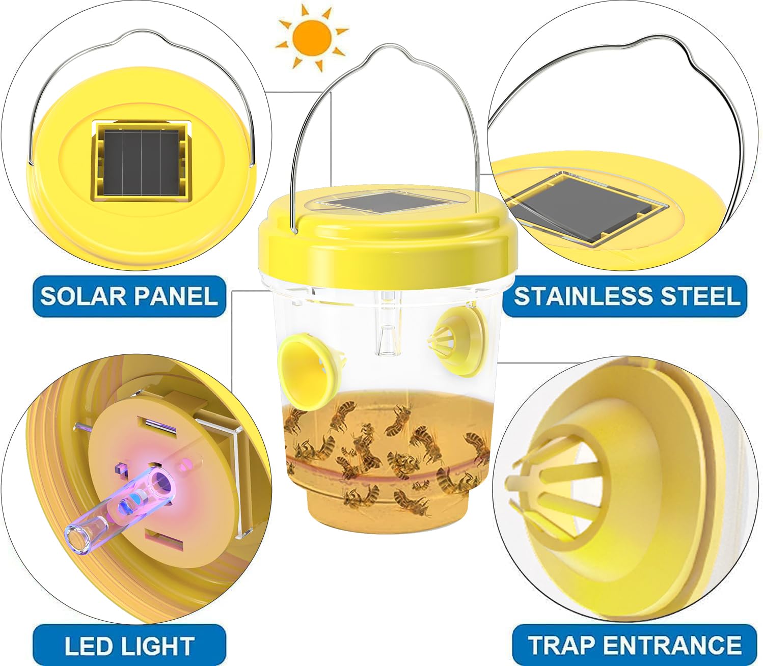 Wasp Traps for Hunting Wasps, Bees, Hornets, Insects, Yellow Jacket Traps, Wasp Trap Catcher, Reusable Solar Powered Hanging for Outdoor, 4 Packs