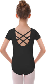 MdnMd Black Leotards for Girls Kids Dance Ballet Gymnastic Outfit Short Sleeve Leotard with Cross Back (Black, Age 6-7)