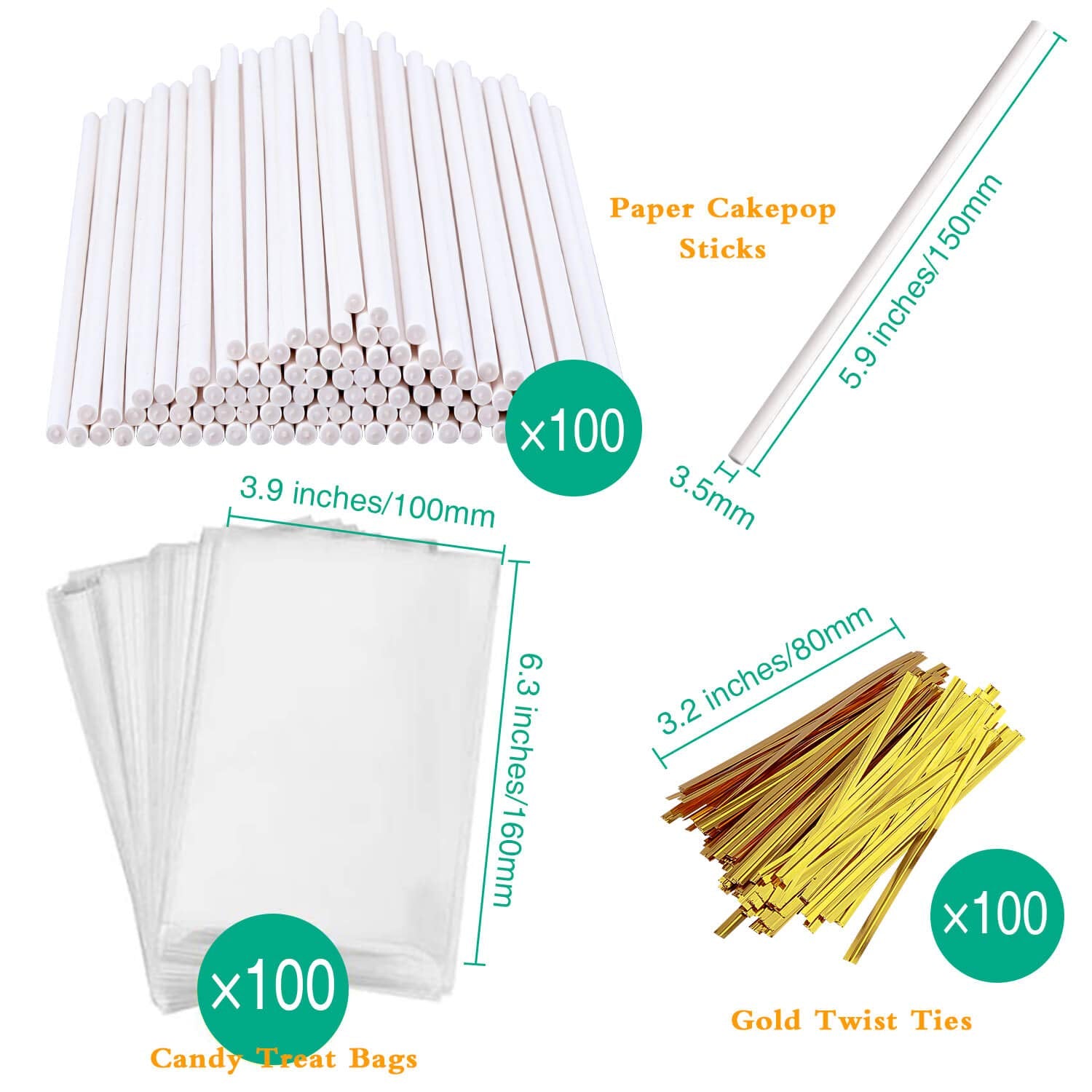 300 PCS Cake Pop Sticks and Wrappers Kit, Including 100ct 6-inch Paper Lollipop Sticks, 100ct Clear Candy Treat Bags Parcel, 100ct Gold Twist Ties for Cakepop, Lollipop, Hard Candy, Suckers, Chocolate