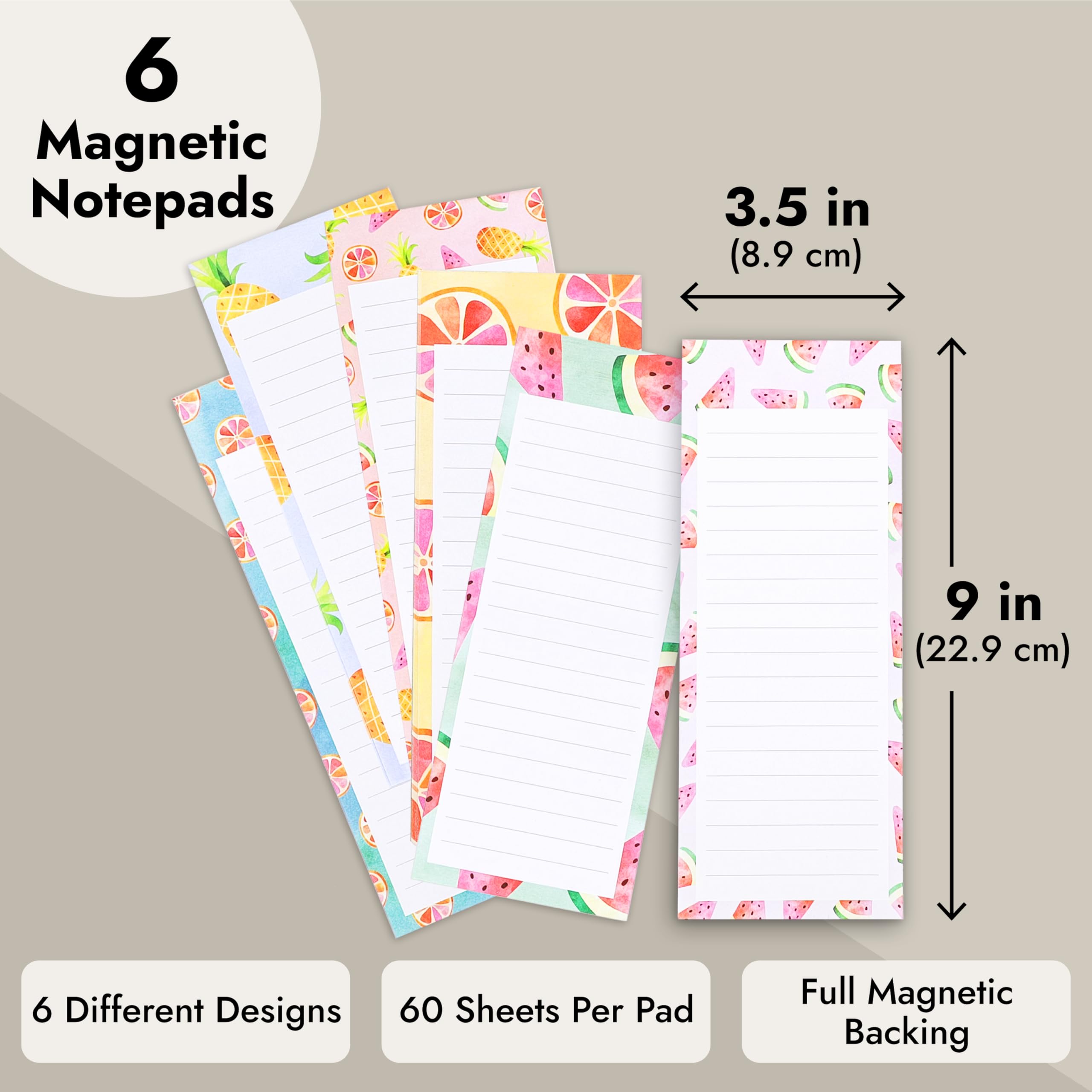 Juvale 6-Pack Magnetic Notepads for Refrigerator - Cute Grocery Shopping List for To-Do Memos, Scratch Pads (6 Fruit Designs, 60 Sheets Each)