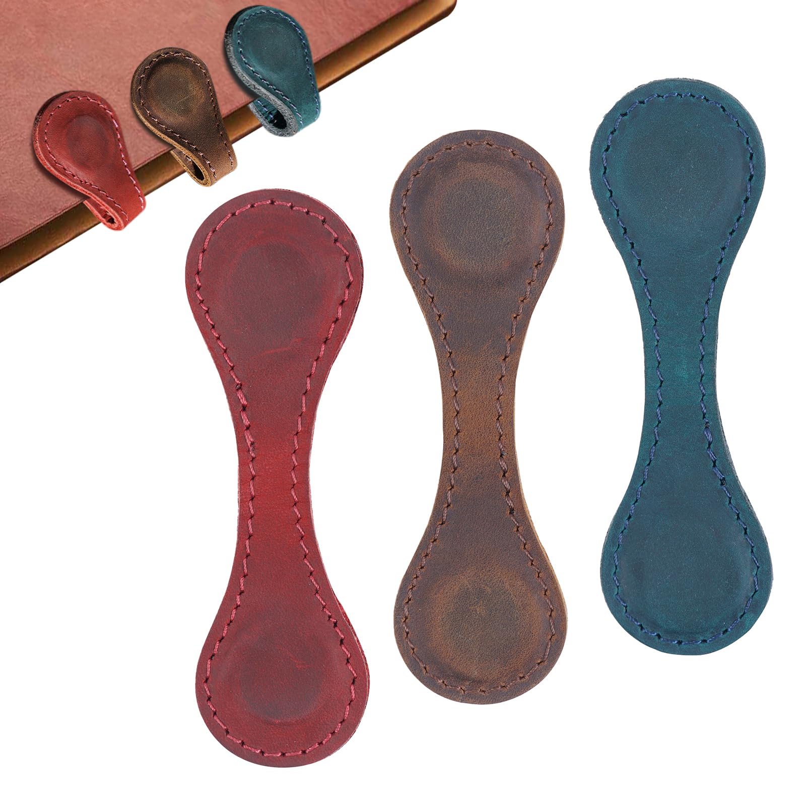 Magnetic Leather Bookmarks,3 PCS Personalized Vintage Bookmarks for Reading Book Accessories Page Markers Convenient Book Mark Clip Gift for Book Lover Readers Men Women Student (Red+Navy blue+Coffee)