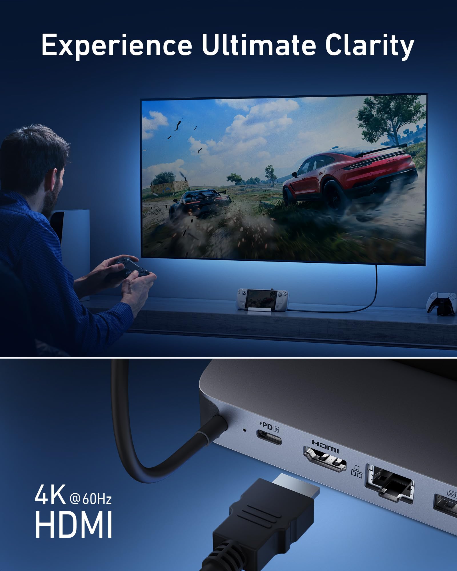 Anker Steam Deck Dock, Docking Station for Steam Deck (OLED)/ROG Ally/Legion Go, 6-in-1 USB C Hub with HDMI 4K@60Hz, 1Gbps Ethernet, 2 USB-A and 1 USB-C Port, 90W Fast Charging (Not for Rog Ally X)