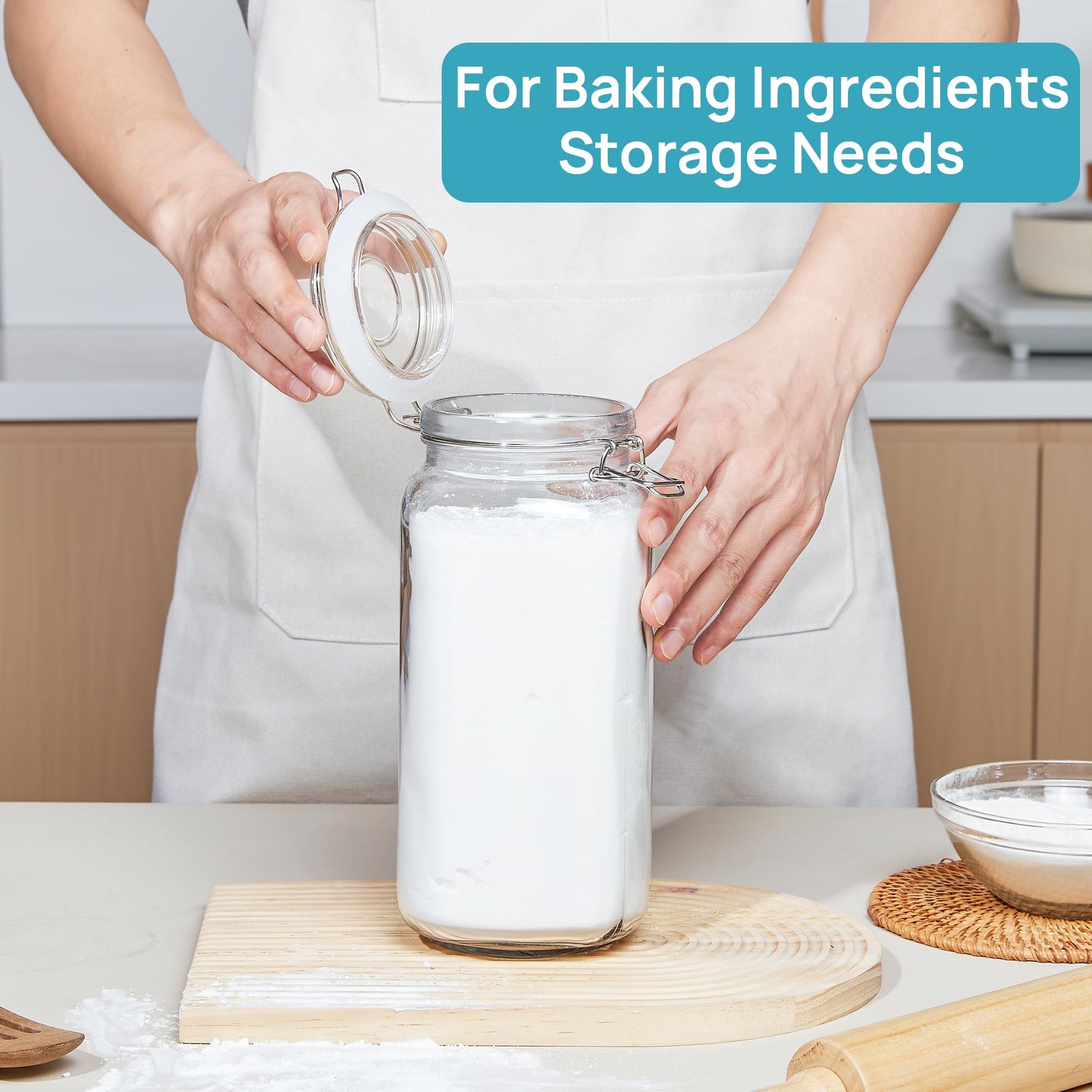 Vtopmart 78oz Glass Food Storage Jars with Airtight Clamp Lids, 3 Pack Large Kitchen Canisters for Flour, Cereal, Coffee, Pasta and Canning, Square Mason Jar with 8 Chalkboard Labels