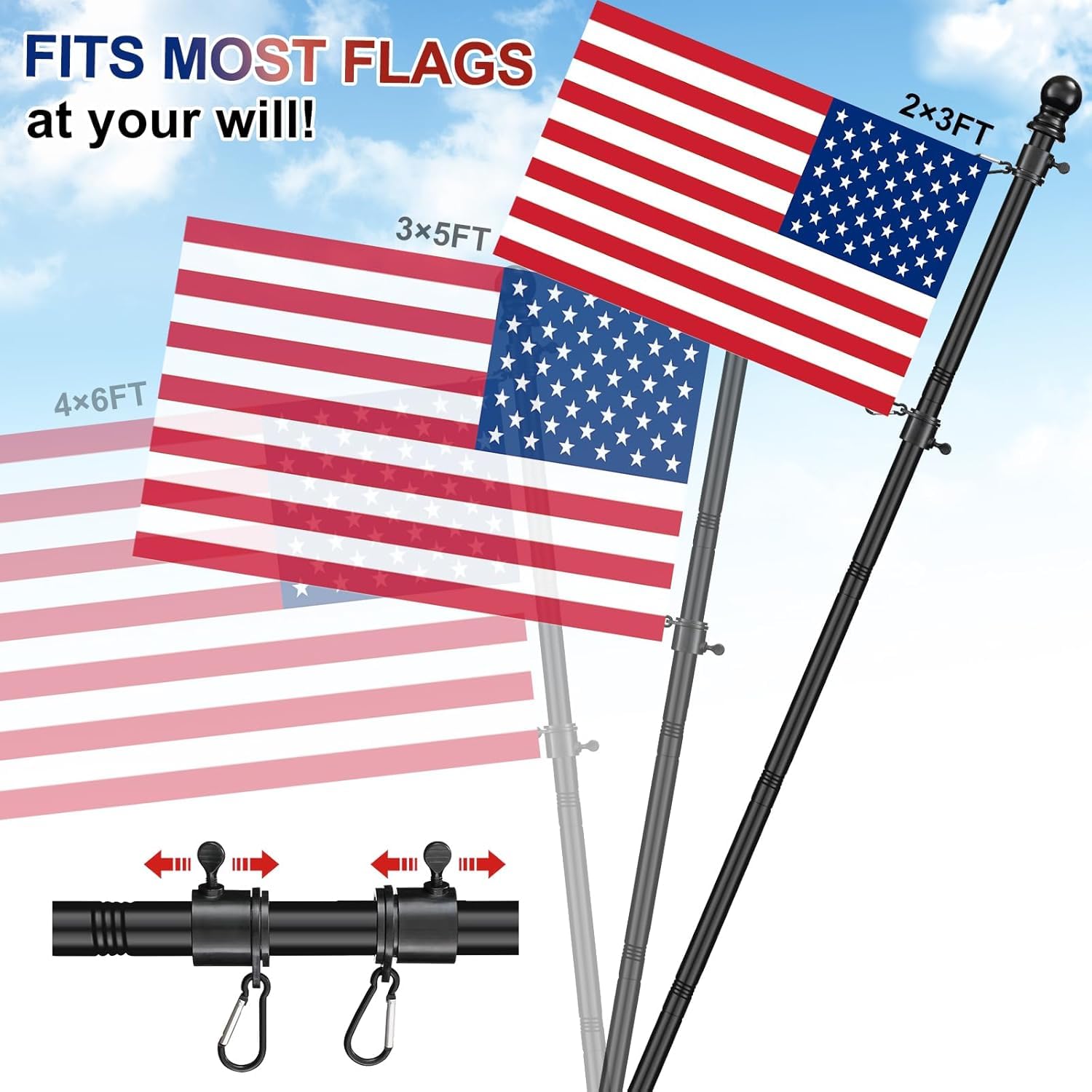 Black Flag Poles for Outside House - 5ft Tangle Free Flag Pole for House,Heavy Duty Metal Flagpole,Outdoor Flagpoles Residential for Porch,Fence (Without Bracket)