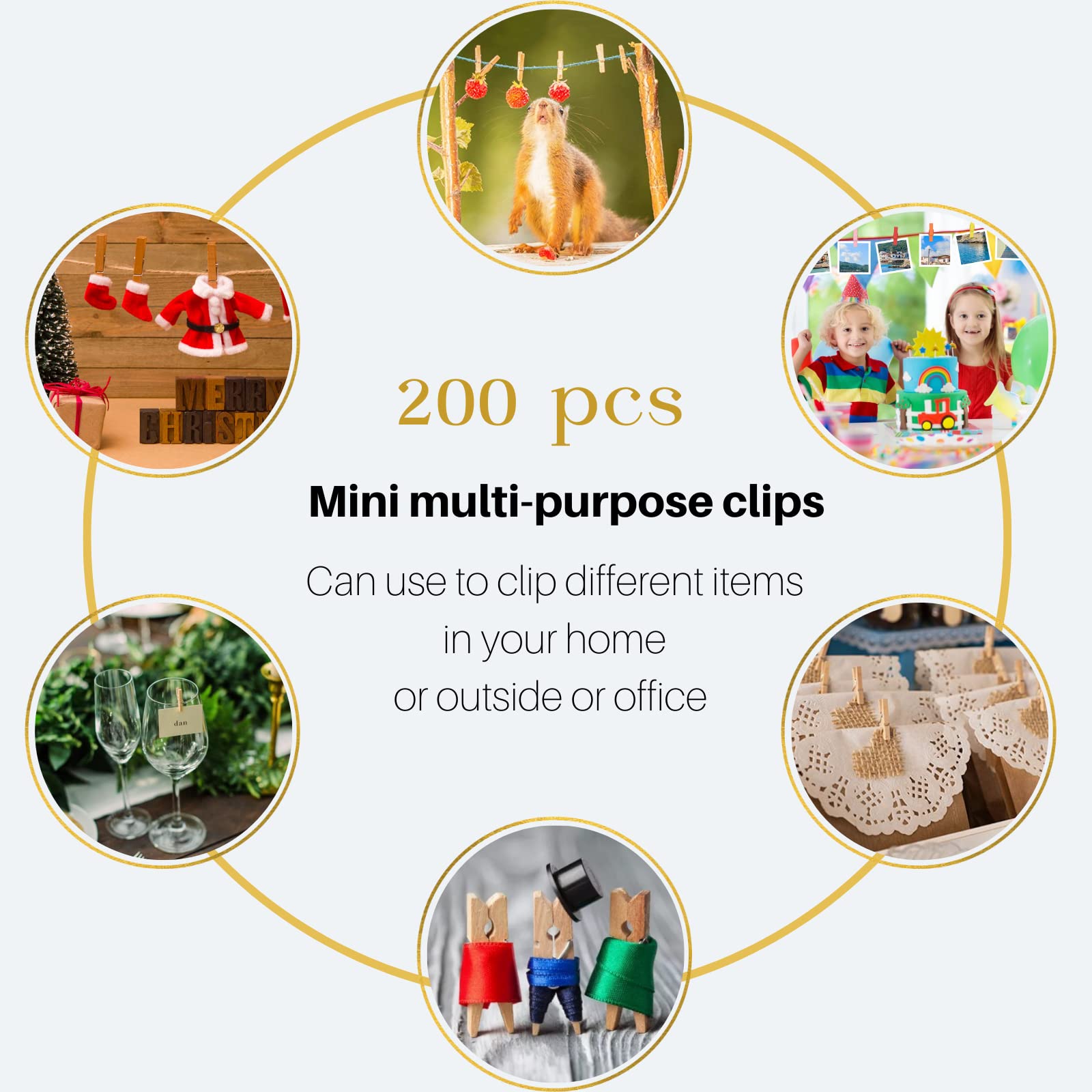 Mini Clothes Pins for Photo, Small Clothespins 200 pcs 1" Natural Wooden Clothespins with Jute Twine, Mini Photo Clips,Small Clothes Pins for Photos, Crafts, Arts, Cocktails