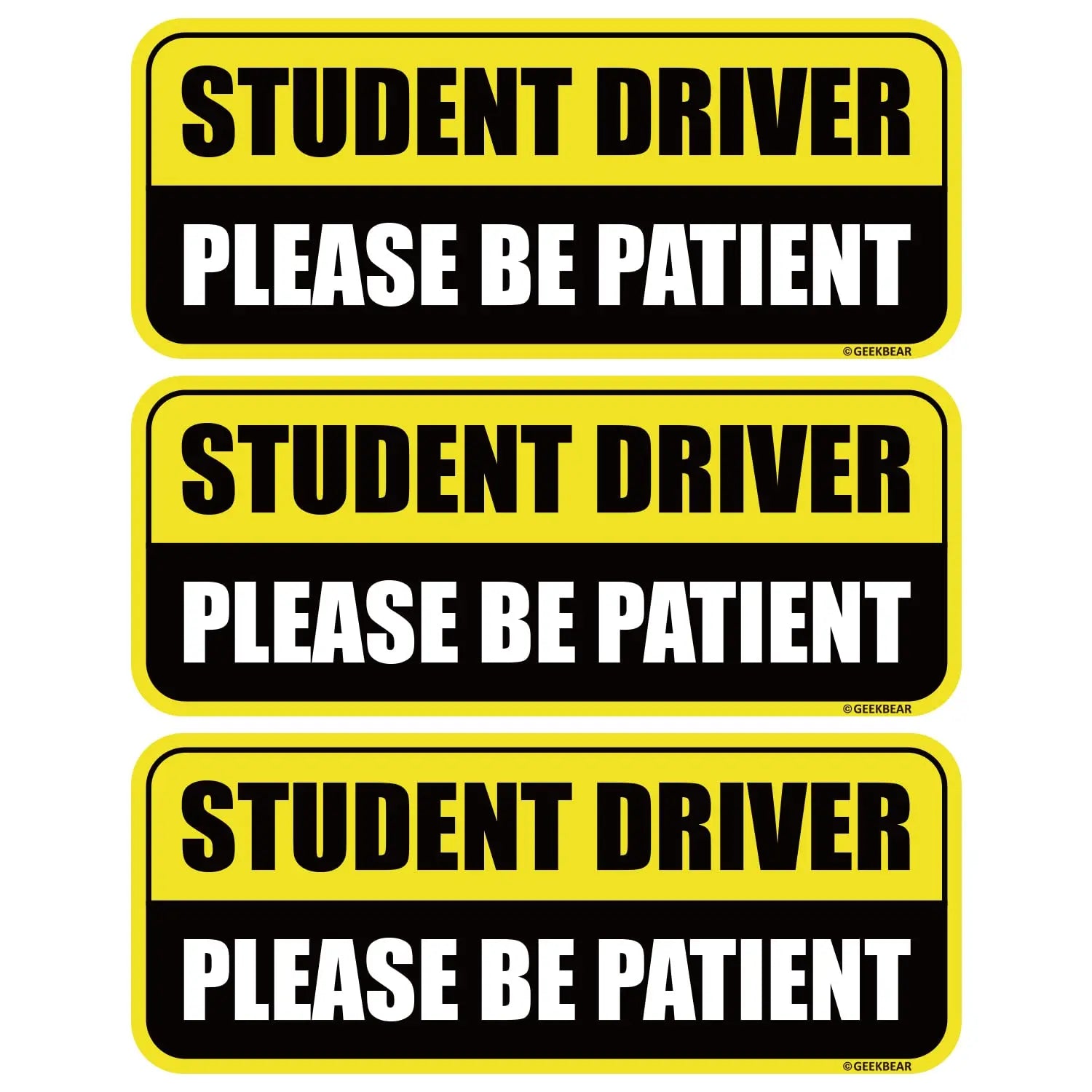 GEEKBEAR Student Driver Car Magnet - Colorful, Reflective, Weather-Resistant - Rectangular 8.7 x 3.5 in (Yellow/Black, 3 Pack)