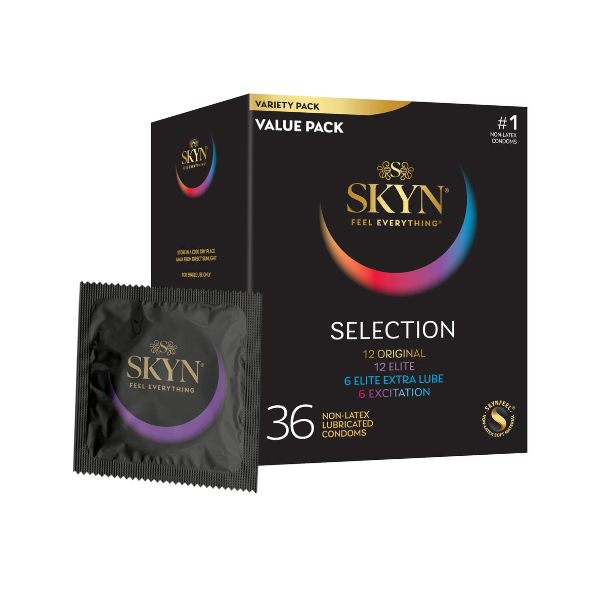 واقيات ذكرية من SKYN Selection بدون لاتكس، مقاس عادي، عبوة متنوعة تحتوي على SKYN Elite، Original، Excitation، Extra Lube، واقيات ذكرية، 36 قطعة
