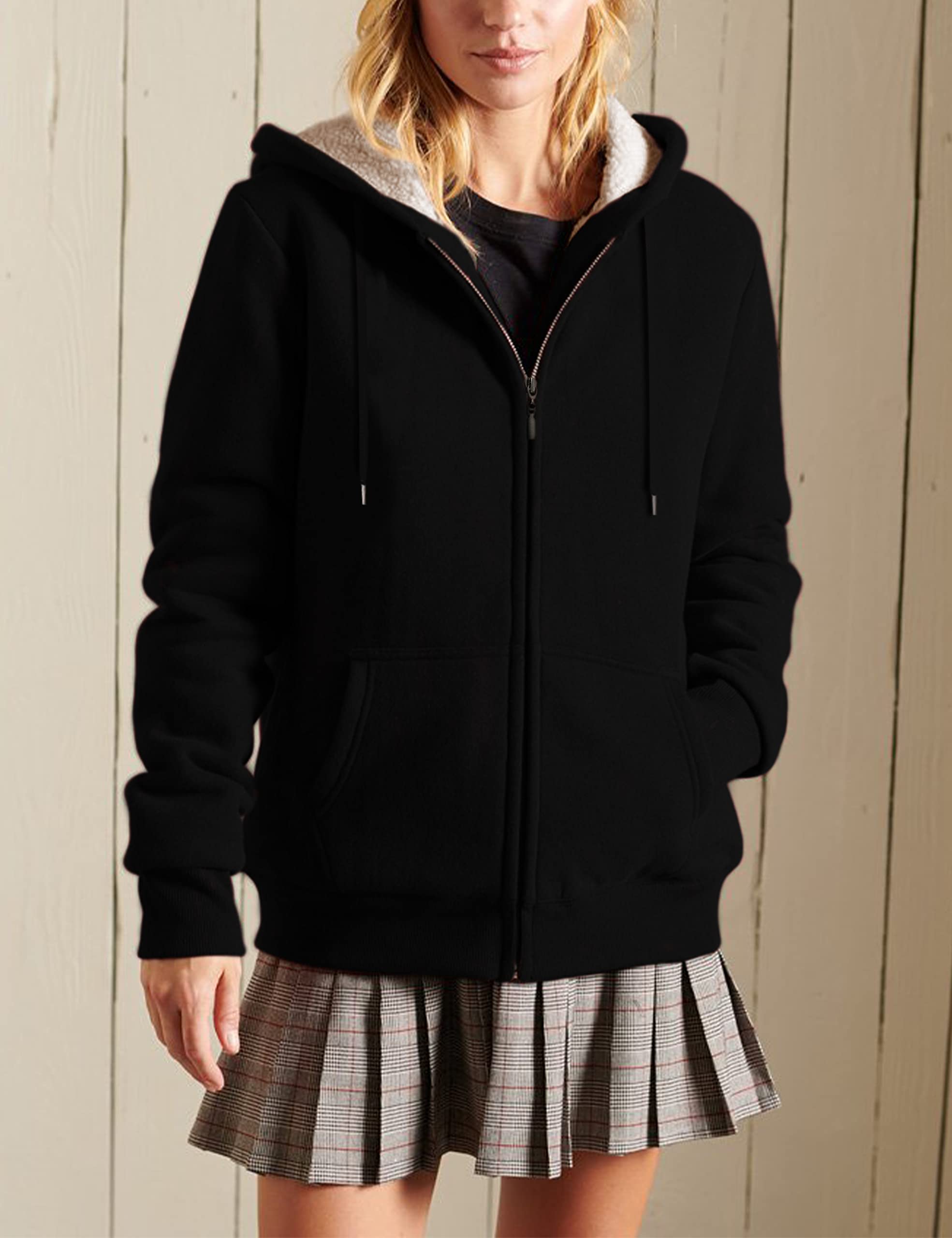 Yeokou Women's Casual Full Zip Up Sherpa Lined Hoodie Sweatshirt Jacket Coat (Large, Black)