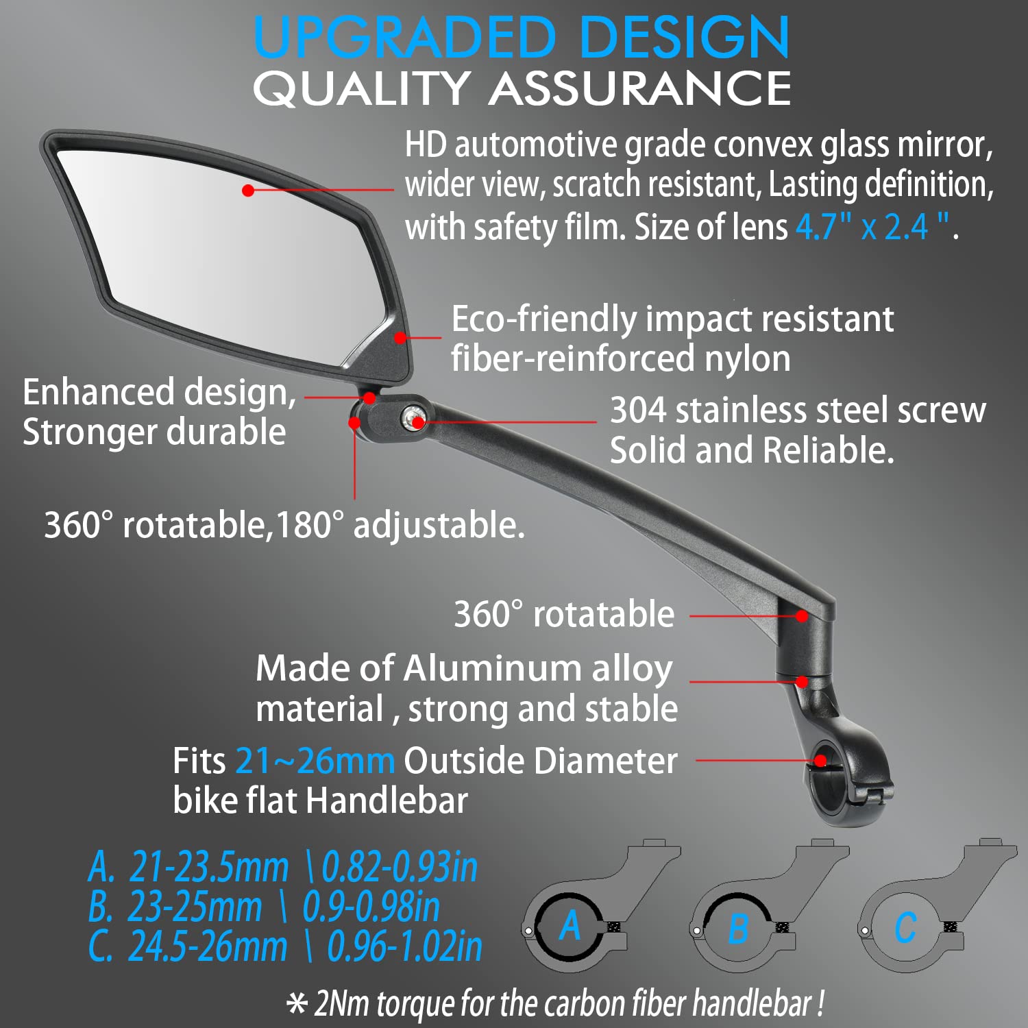 BriskMore Handlebar Bike Mirror, Scratch Resistant Glass Lens, Ajustable And Rotatable Safe Rearview Bicycle Mirror for Left Side BT-016L