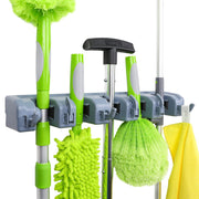 Amazon Basics Rectangular Heavy Duty, Wall Mount Storage Broom, Mop Holder or Tool Organizer with Hooks and Slots for Home, Garage, Garden, Laundry, or Kitchen, 2.36 x 16.9 x 3.35 in, Gray