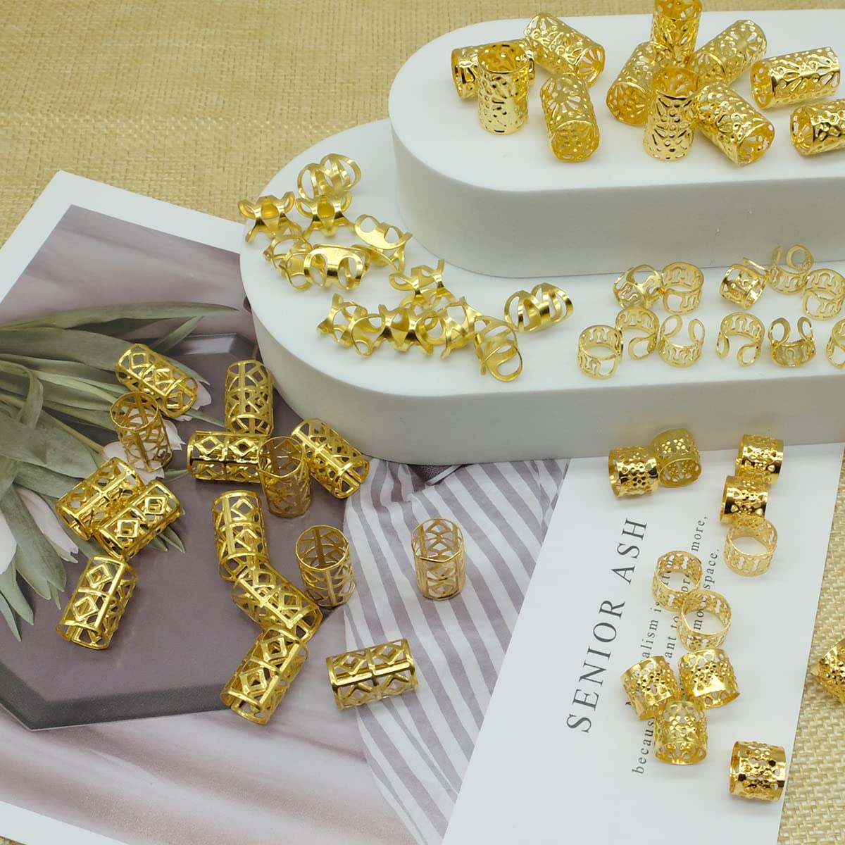 LEILEIXI 100 PCS Gold Dreadlock Locs Accessories for Hair, Hair Jewelry for Braids Hair Rings for Women and Girls, Adjustable Cuffs Braiding Hair Rings Decoration
