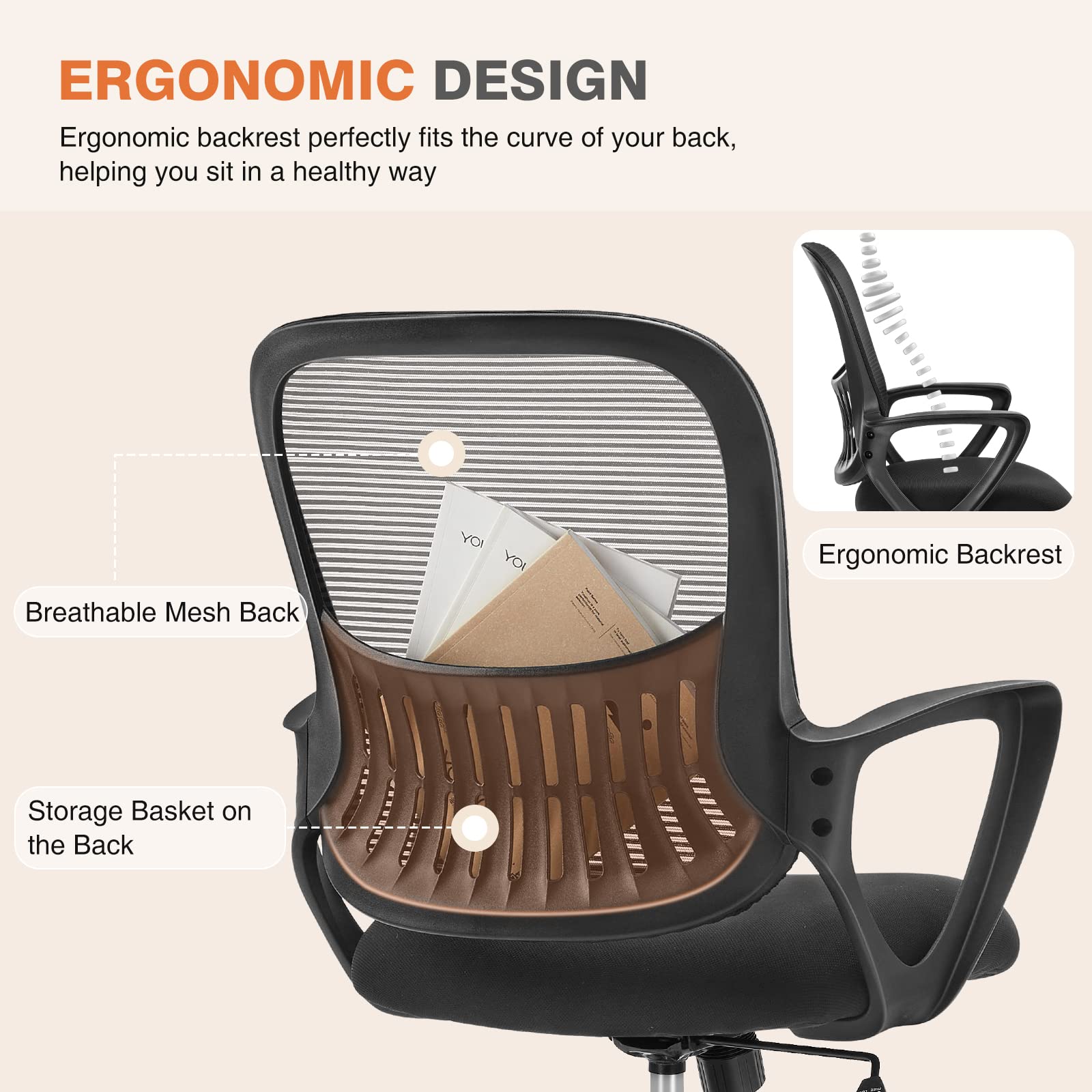 Sweetcrispy Home Office Ergonomic Mesh Executive Chair with Lumbar Support and Rolling Wheels, Computer Desk Adjustable Height Chair for Study