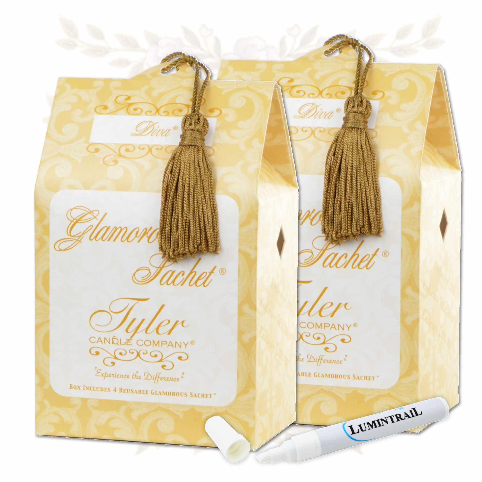 Tyler Candle Diva Dryer Sachets, 8 Glamorous Reusable Dryer Sachets, 2 Pack (4 per Pack) Bundle with Lumintrail Stain Remover Pen, Home Laundry Softener Sheets, Scent for Clean Fabric Detergent Beads