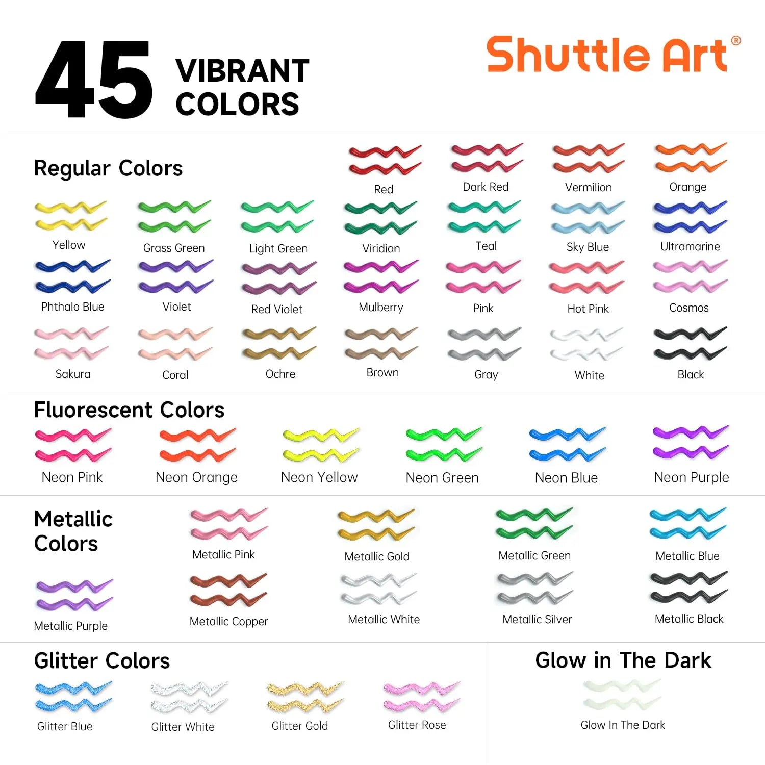 Shuttle Art Fabric Paint Set, 45 Colors 3D Permanent Paint with Brushes Palette Pen Fabric Sheet Stencils, Glow in The Dark, Glitter,Metallic Colors for Textile Fabric T-shirt Jeans Glass
