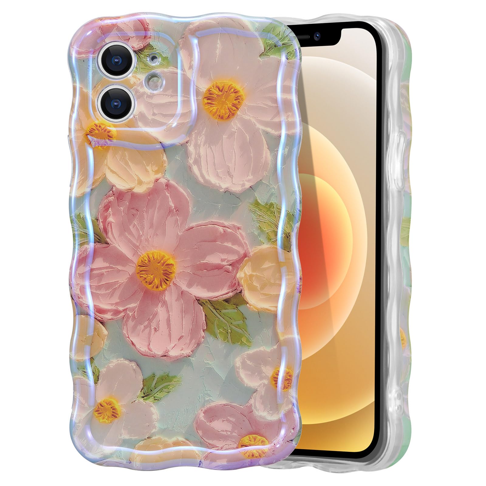 EYZUTAK Case for iPhone 13 Pro Max, Colorful Retro Oil Painting Printed Flower Laser Glossy Pattern Cute Curly Wave Edge Exquisite, Stylish Durable TPU Protective Phone Cover for Girls Women-Green