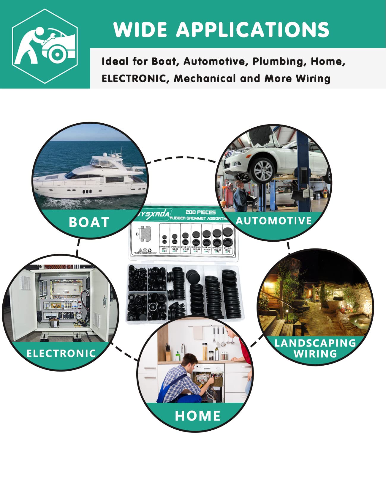 Gysxrda Rubber Grommet Kit 200 Pack - 7 Sizes Firewall Rubber Hole Plugs Rubber Grommets for Wiring, Automotive, Home Improvement Cord Pipe Wire Organization (7/25, 3/8, 1/2, 5/8, 3/4, 7/8, 1 inch)