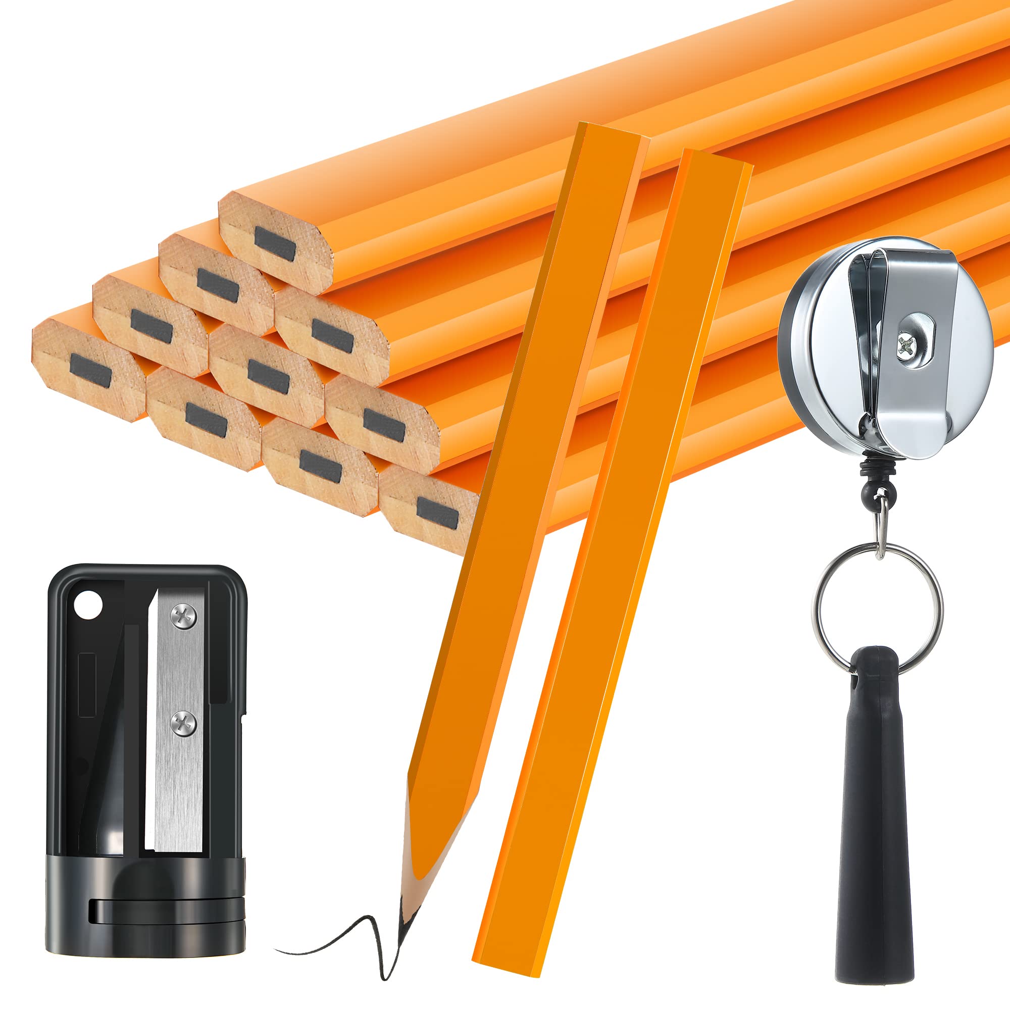 14 Pcs Carpenter Pencils, 7 Inches Flat Octagonal Hard Black Woodworking Construction Pencils Heavy Duty with Pencil Sharpener and Retractable Pencil Holder for Contractor Carpentry (Yellow)