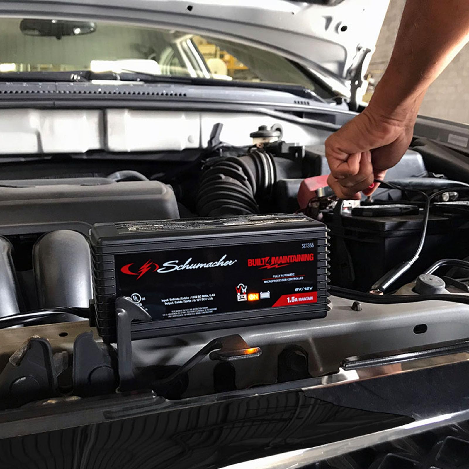 Schumacher Electric Battery Charger and Maintainer, SC1355, 3-in-1, Fully Automatic, 1.5 Amps, 6 Volt and 12 Volt, for Motorcycle, Power Sport, Car, and Marine Batteries