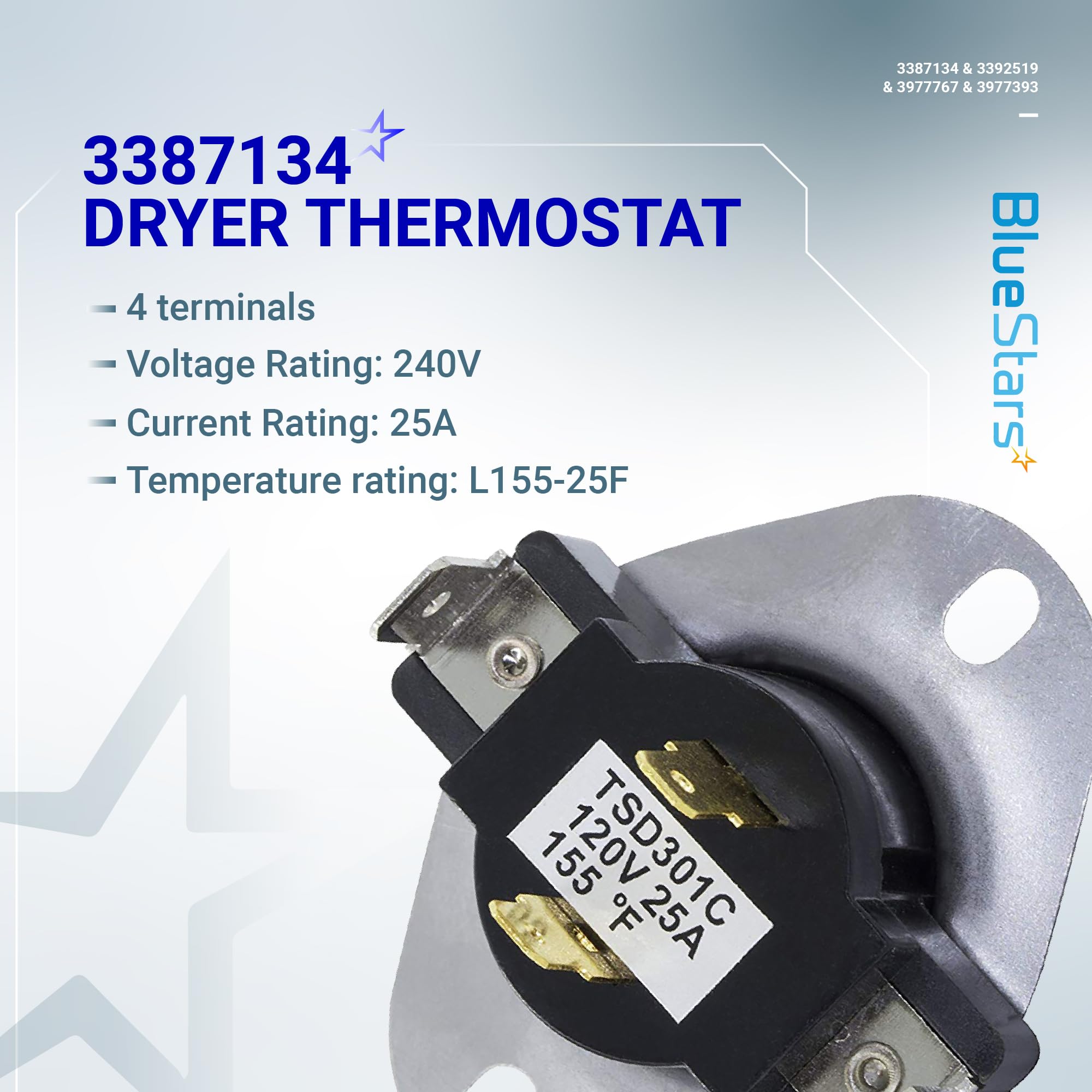 BlueStars [LIFETIME WARRANTY] 3387134 Cycling Thermostat 3392519 Dryer Thermal Fuse 3977393 Thermal Cut-off Switch 3977767 High-limit Thermostat Kit - Compatible with Whirlpool Kenmore Maytag Dryers