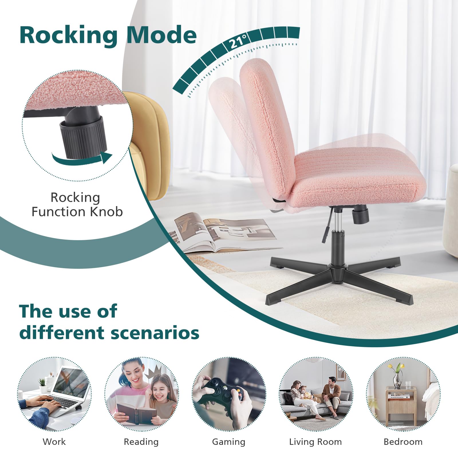 OLIXIS Criss Cross Chairs Legged Armless No Wheels Wide Seat Height Adjustable Swivel Rolling Padded Furry Cute Home Office Desk Seating for Bedroom, Student, Study Room