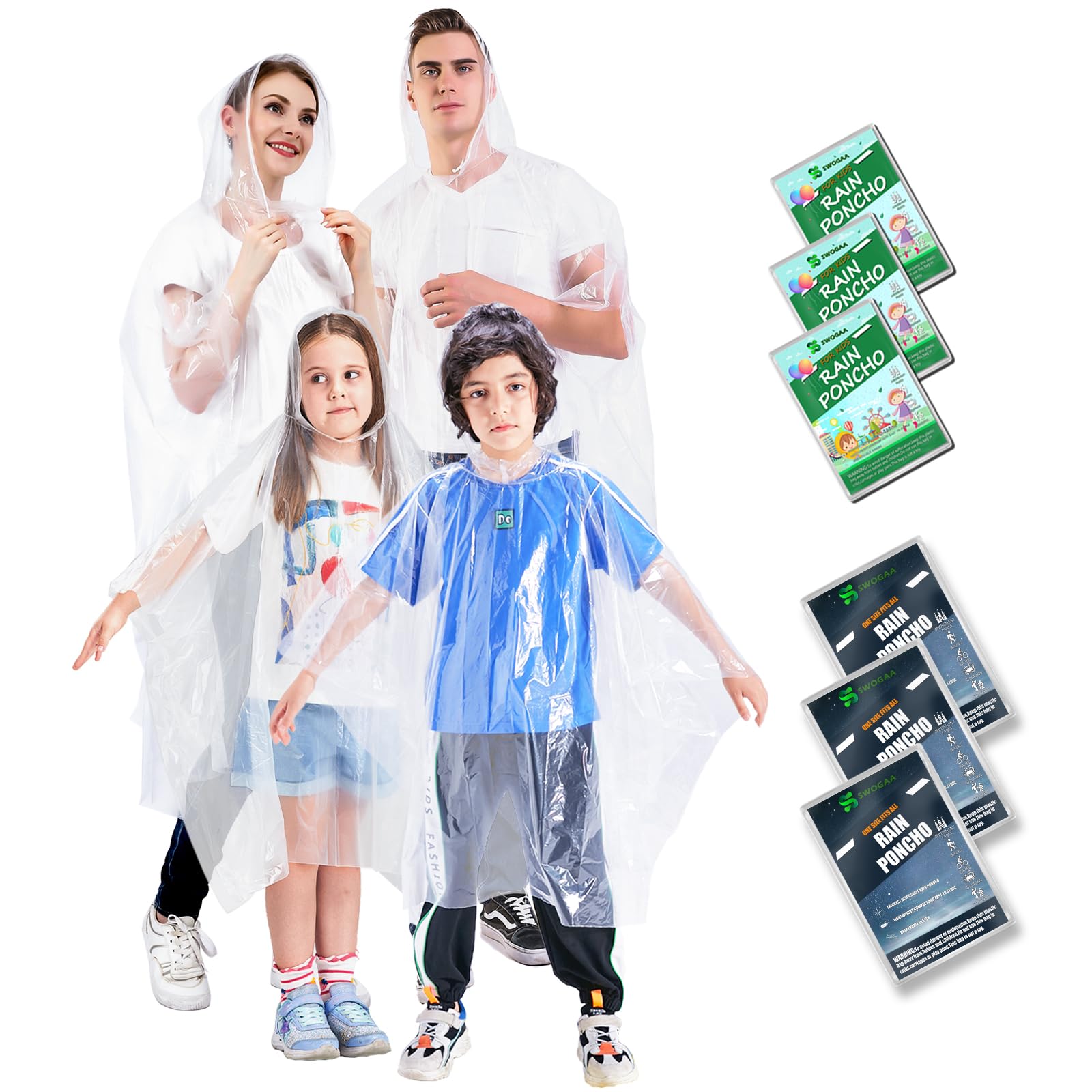 SWOGAA Disposable Rain Ponchos for Kids and Adults (Family 6 Pack) -50% Extra Thicker Men or Women Waterproof Emergency Rain Ponchos with Hood