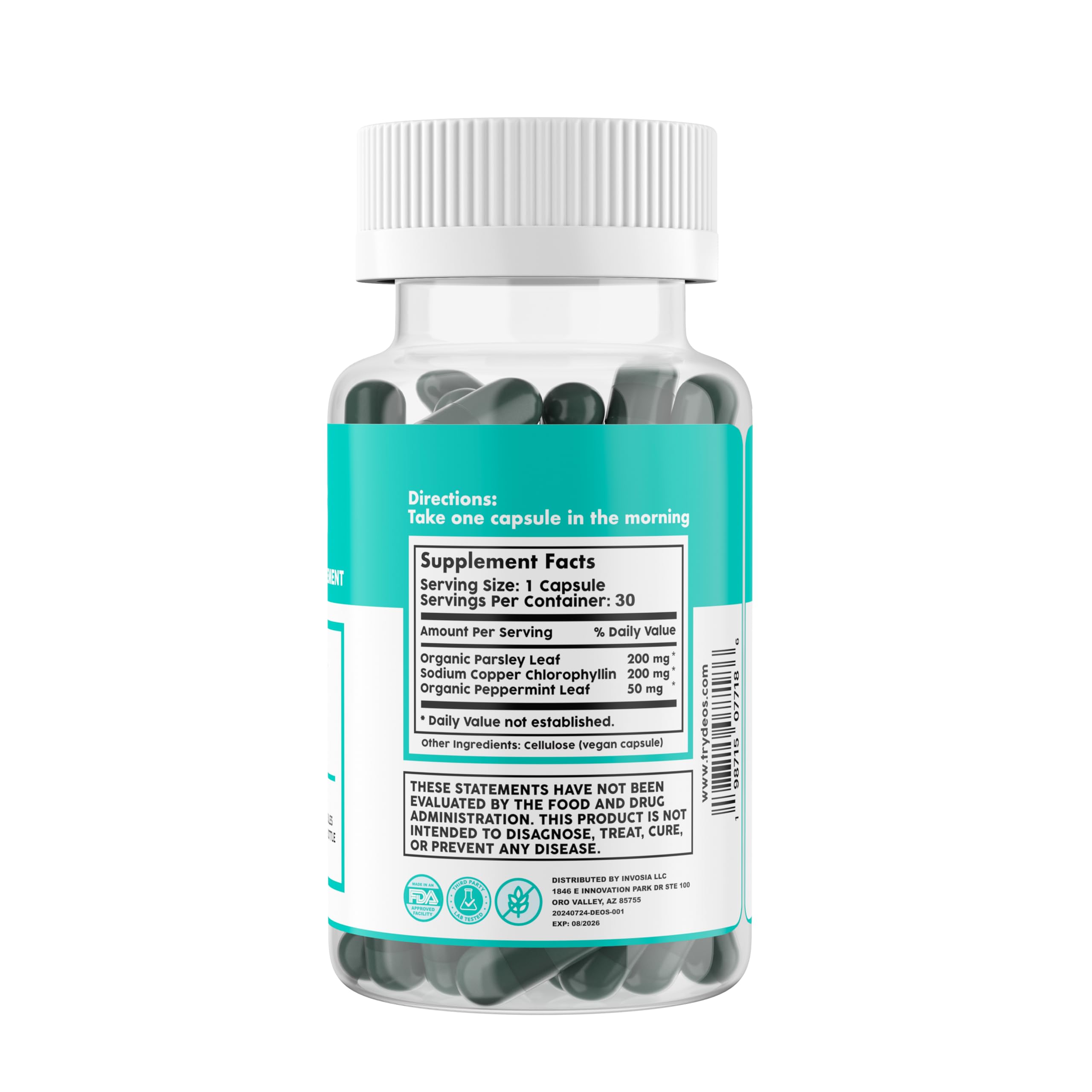 DEOS Internal Deodorant Supplement – Full Body Deodorizer for Gut Health, Skin Health, Detox & Digestion Support – Natural Odor Control Chlorophyll Pills for Head-to-Toe Freshness | 30 Capsules