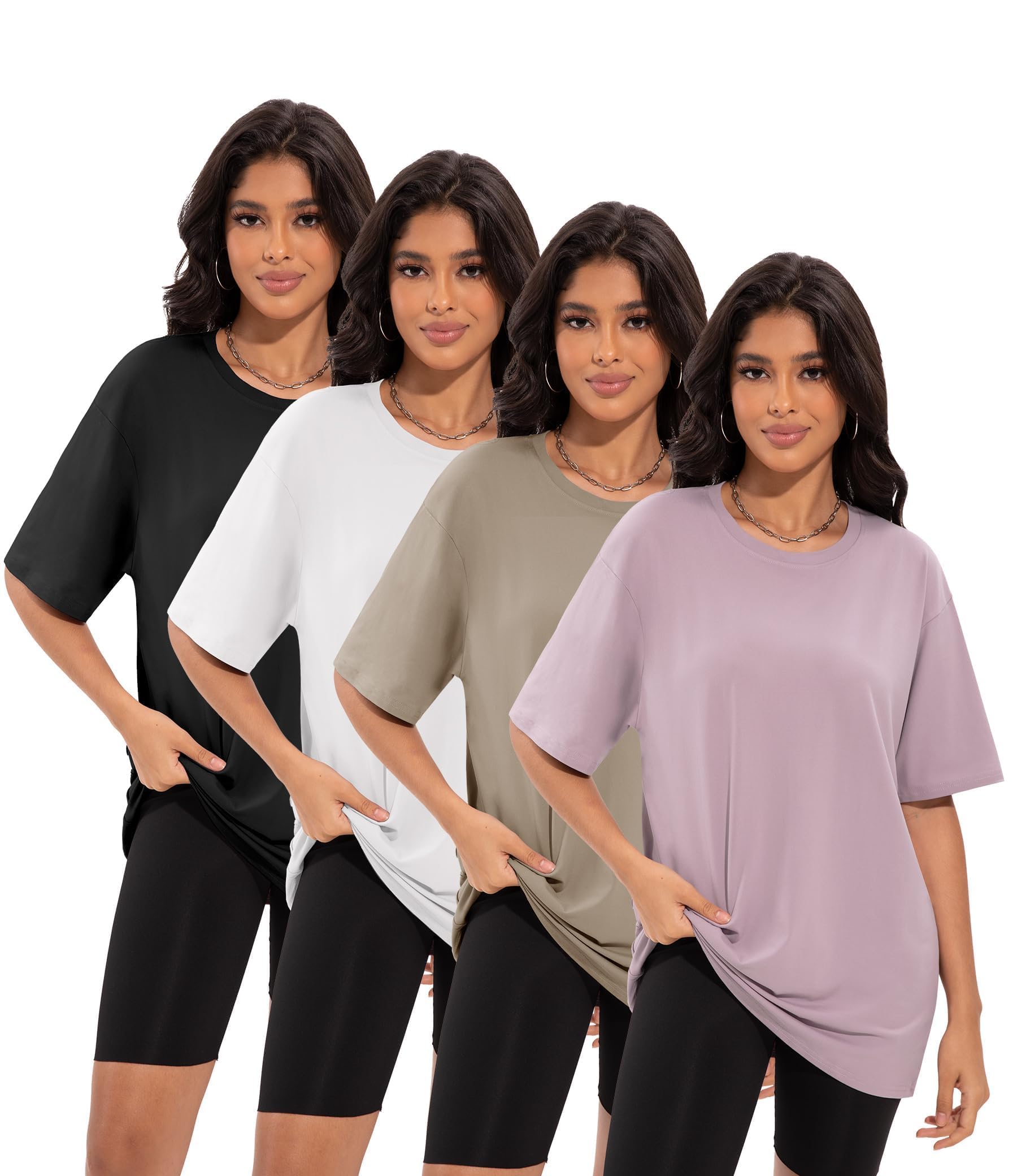 Siimcuzy 4 Pack Oversized Tshirts for Women, Loose Fit Crew Neck Summer Baggy Tops Workout Tees Plus Size T Shirts 1 Black 1 White 1 Dark Pink 1 Khaki Large