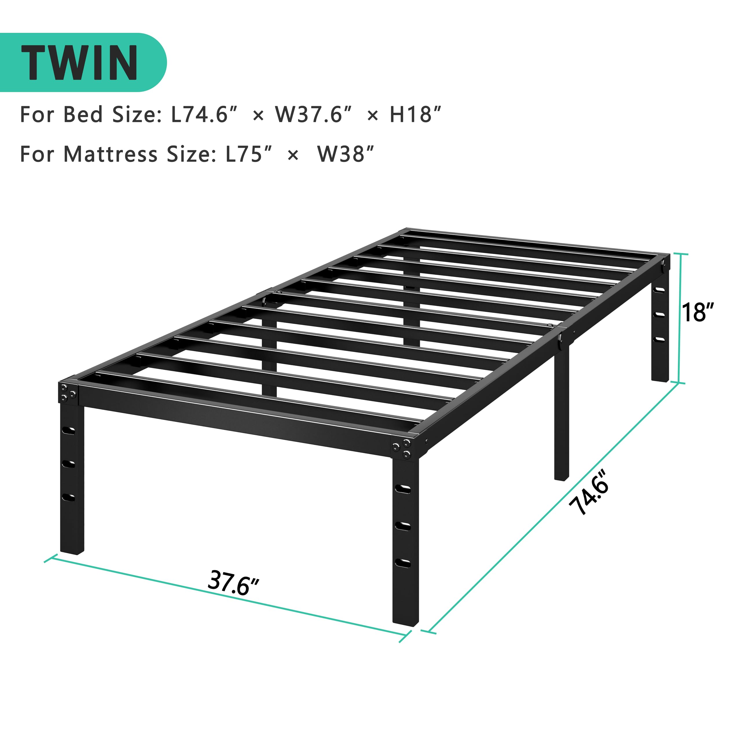 HLIPHA Metal Platform Bed Frame 14 Inch Tall,No Box Spring Needed,Twin Size Bed with Heavy Duty Strong Support Slats,Easy to Assemble,Black
