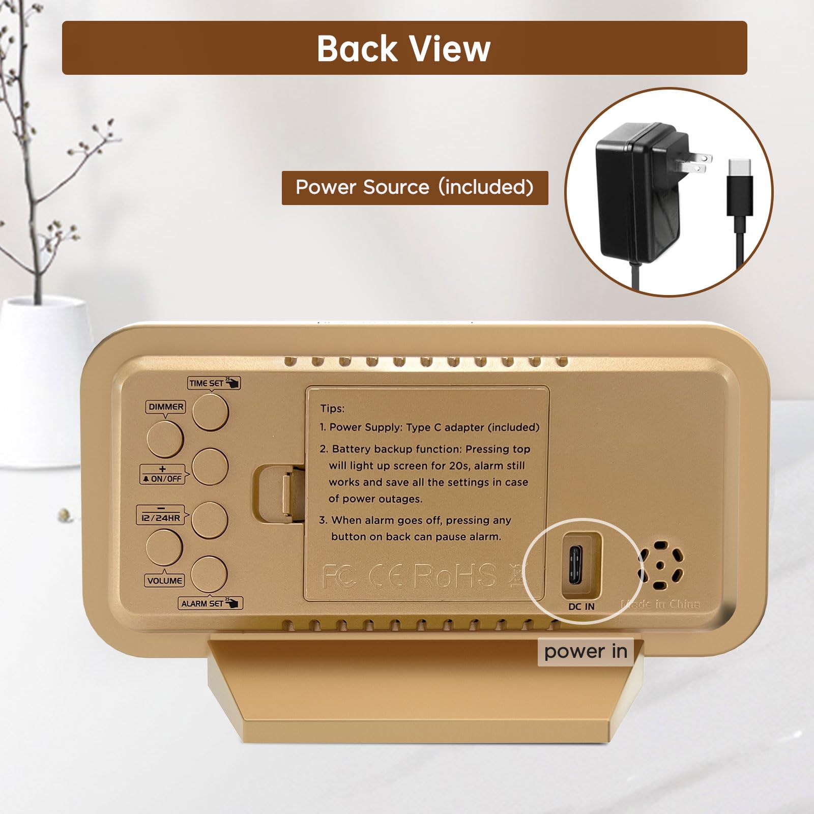 Peakeep Slim Digital Mirror Aesthetic Alarm Clock for Bedrooms Desk Decor - Plug in Electric Big LED Modern Small Clock for Office Living Room, Battery Backup, 6 Dimmers (Gold)